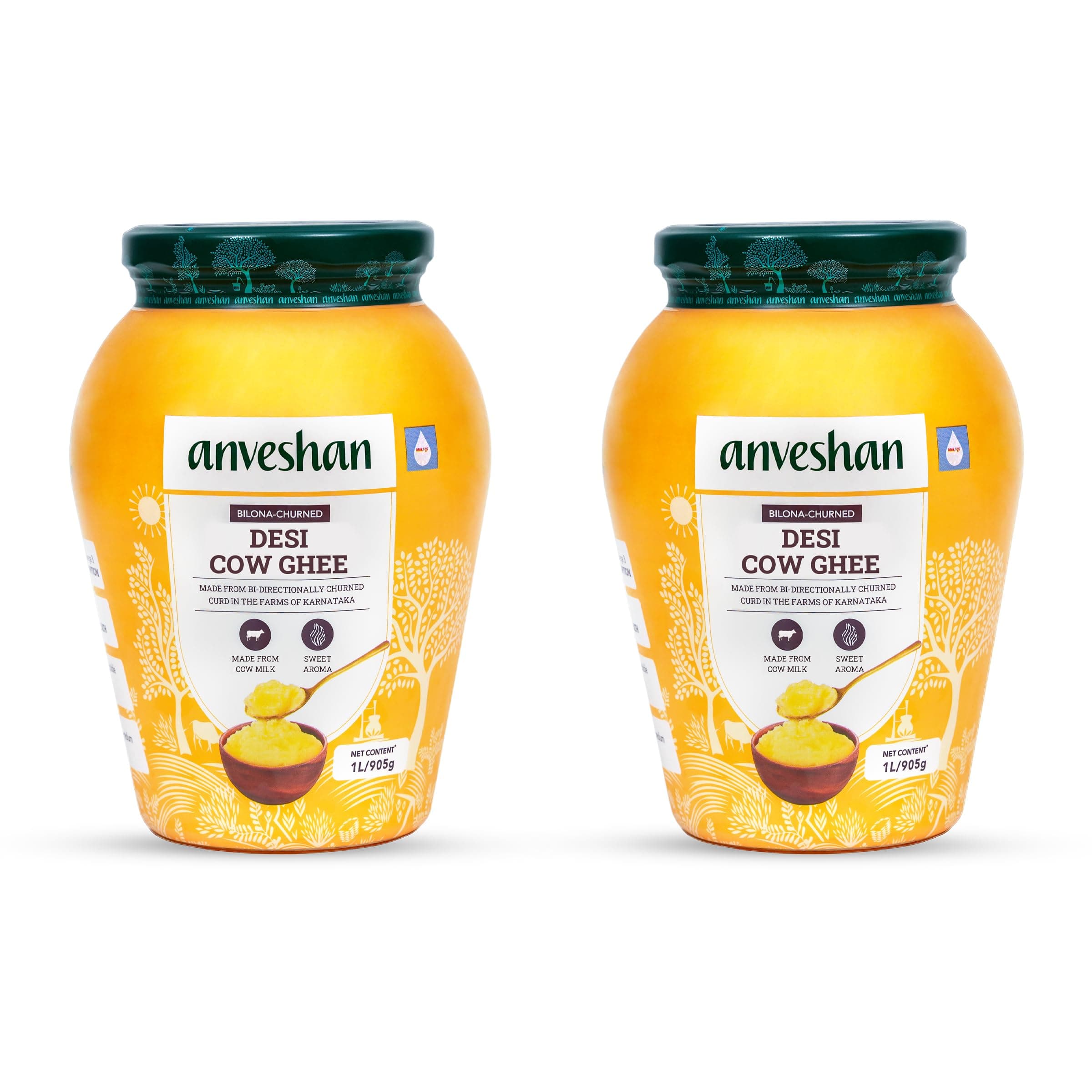 Anveshan A2 Cow Ghee (1 Litre x 2 Jars) | Traditionally Bilona-Churned, Danedar Ghee | Aromatic| NABL Lab Tested (70+ tests), Cruelty-Free | Grass-Fed | Glass Jar