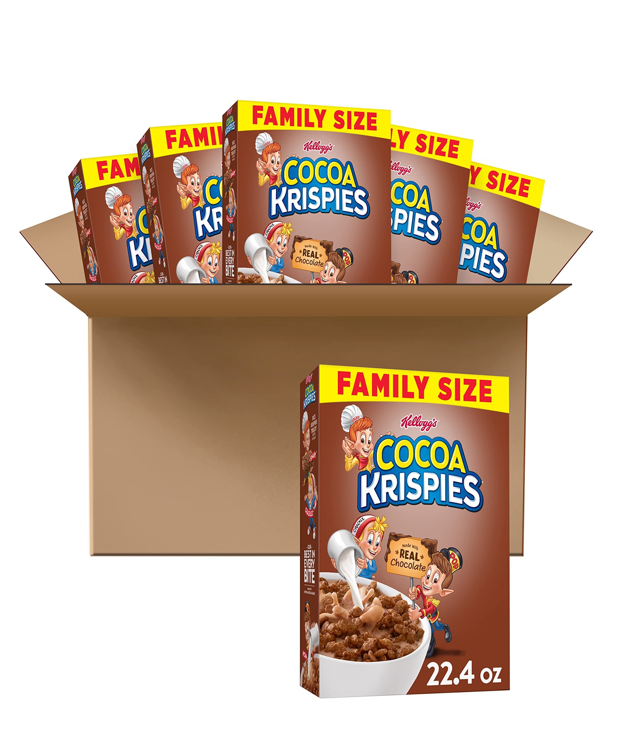 Cocoa Krispies, Breakfast Cereal, Low Fat Food, Family Size, 22.4oz Box(Pack of 6)