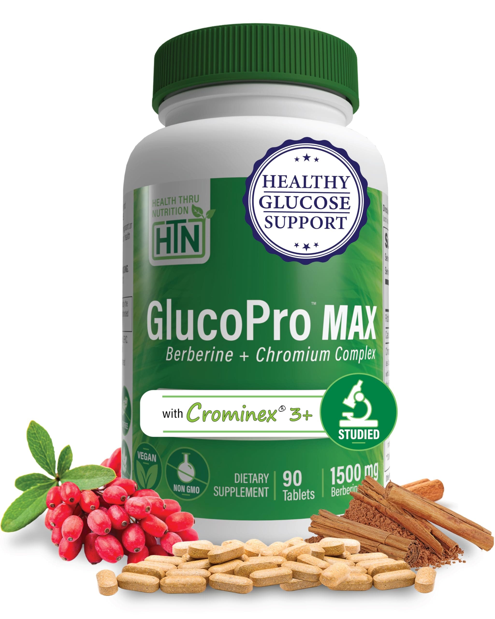 Health Thru Nutrition GlucoPro Max - with 1,500mg Berberine, Chrominex + Chromium, and 1,000mg Cinnamon | Vegan, Non-GMO, Gluten Free | Pack of 90
