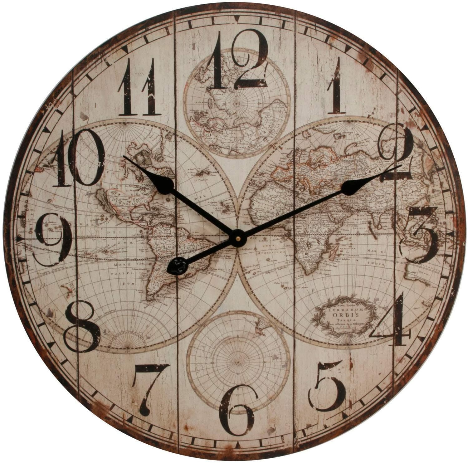 Vintage Style Wooden Panel World Map Wall Clock 60cm w arabic dial