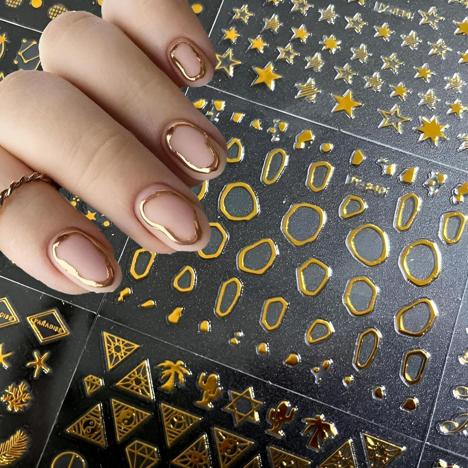 Hyzone Gold Nail Stickers for Nail Art- 30 Sheets Different Designs 3D Self Adhesive Nails Decals Gold Nails Decoration Stickers Manicure Stick On Sticker for Women Wedding, Party, Concerts