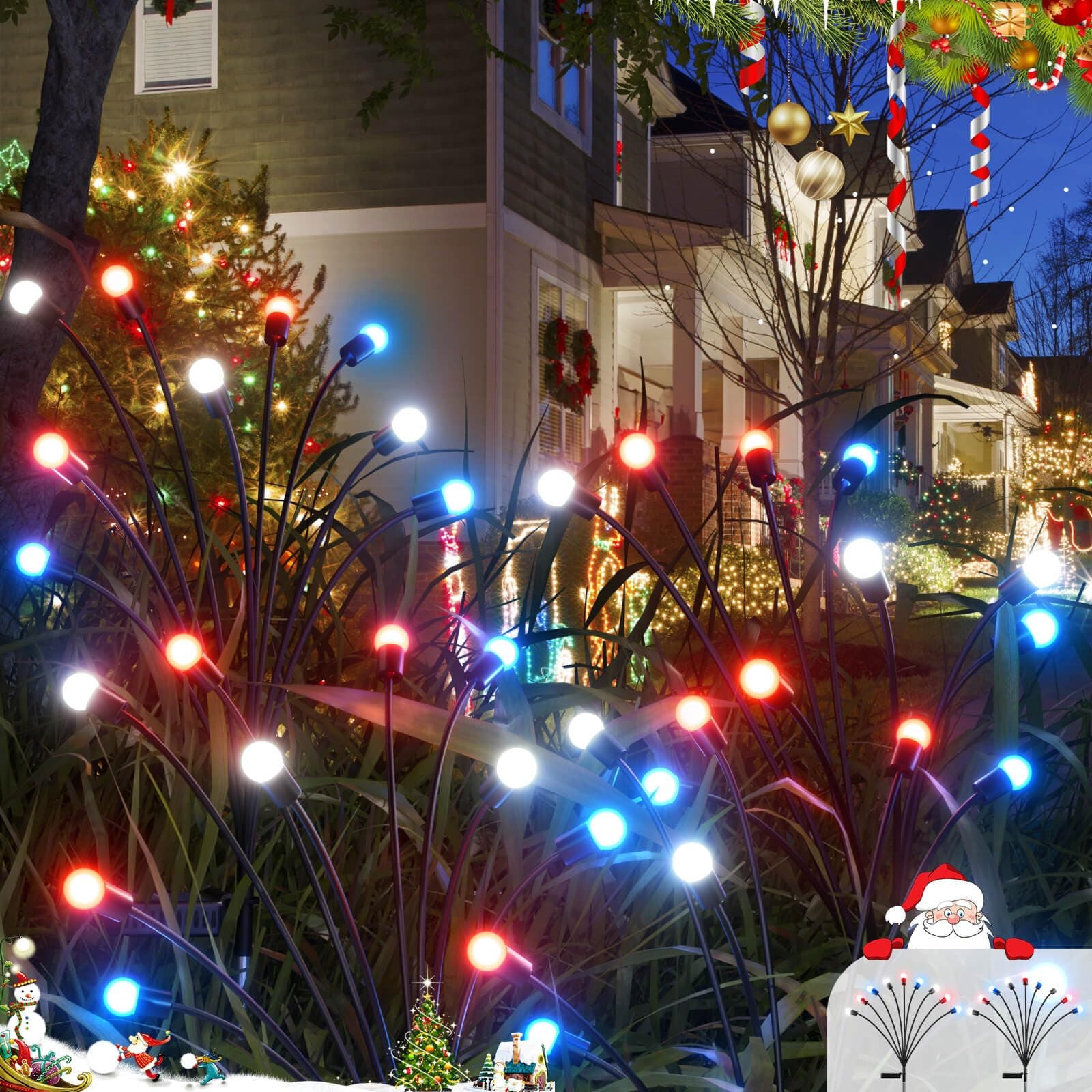 Solar Garden Lights,[2 Pack] Solar Lights Outdoor Waterproof,9LED Swaying Solar Firefly Lights, Garden Decor for Path,Landscape,Backyard,Outdoor Yard Decorations Lights Red+White+Blue