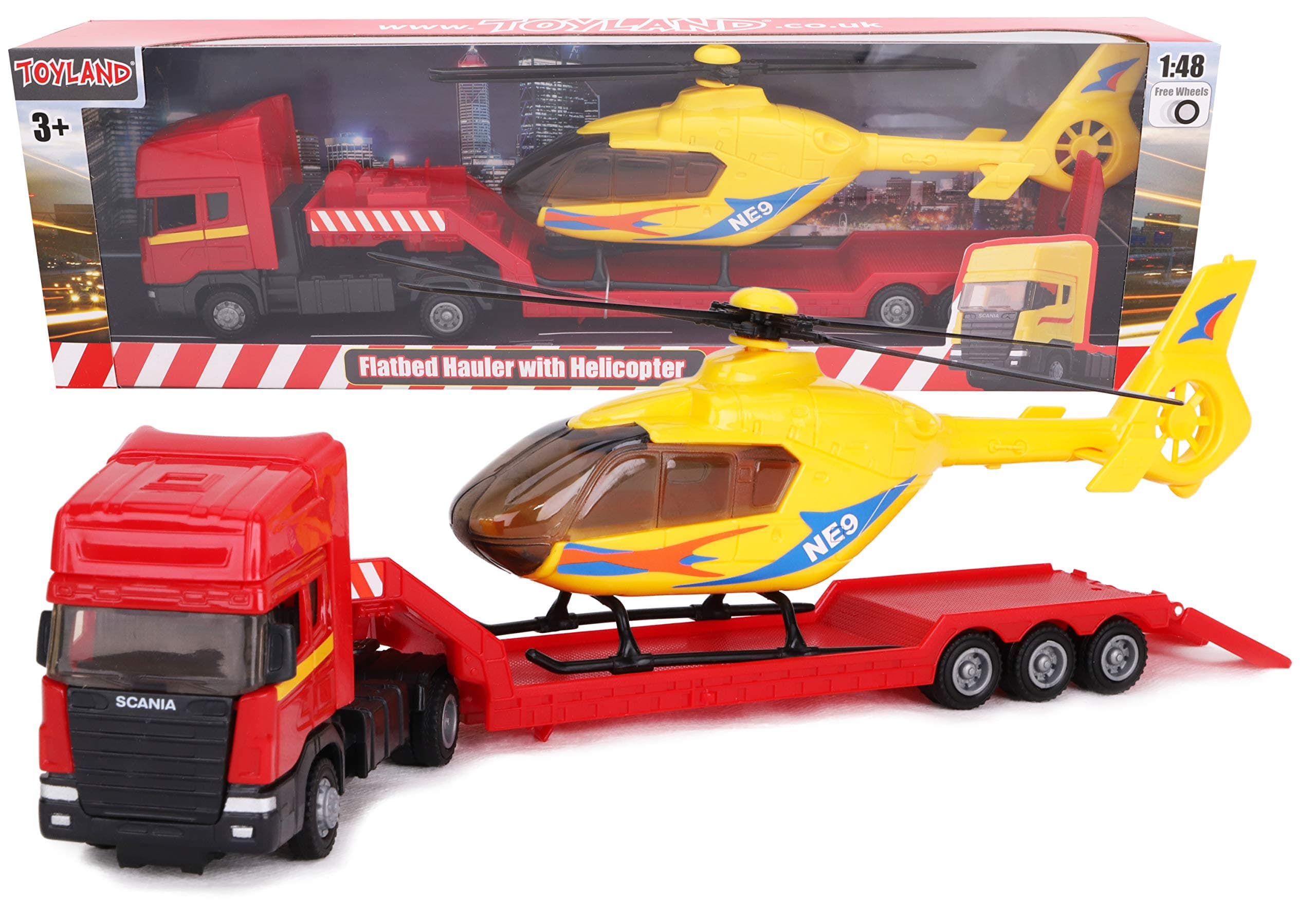 Scania Flatbed Hauler With Helicopter - 1:48 Scale - Free Wheel - Transport Vehicle Toys - Vehicle Collectables - Boys Toys (Red Truck/Yellow Helicopter)