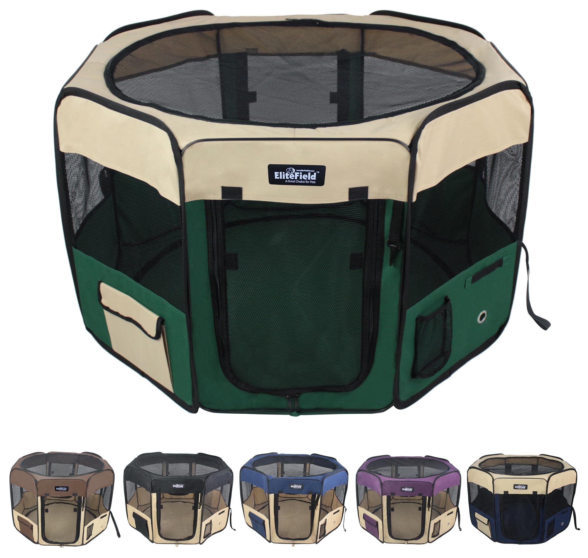 EliteField 2-Door Soft Pet Playpen (2 Year Warranty), Exercise Pen, Multiple Sizes and Colors Available for Dogs, Cats and Other Pets (62" x 62" x 30"H, Beige+Green)