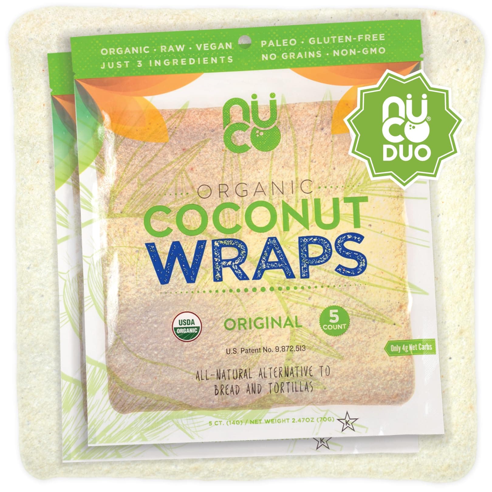 DUO Certified Organic, SHELF STABLE, All Natural, Paleo, Gluten Free, Vegan Non-GMO, Kosher Raw Veggie NUCO Coconut Wraps. NO Salt Added Low Carb and Yeast Free 10 Count Various Quantities