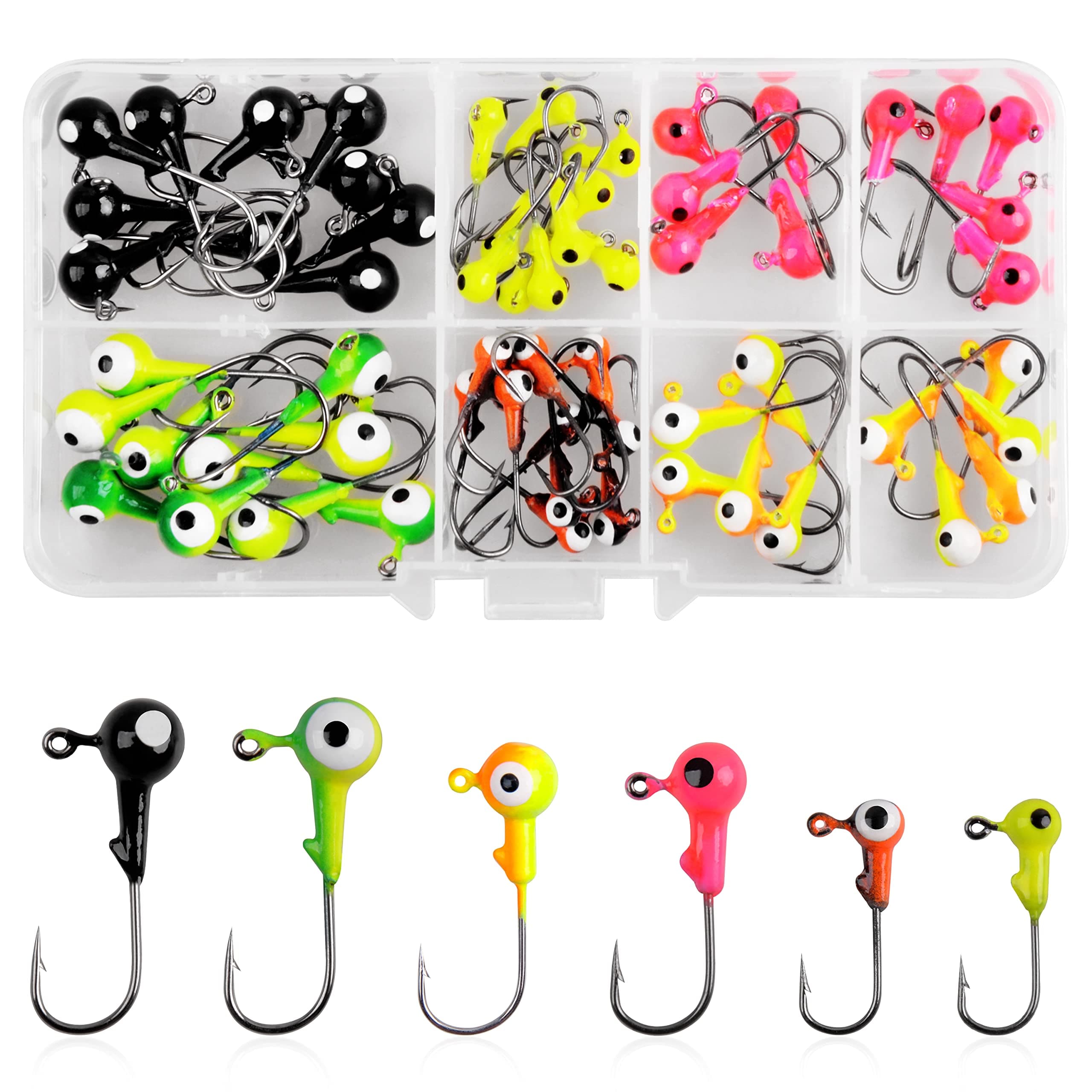 AGOOL Fishing Jig Heads Hooks Kit, 35/60pcs Fishing Lures Jig Heads with Ball Head Crappie Jig Heads Fishing Jig Hooks for Bass Trout Soft Worm Shrimp Lures Freshwater Saltwater