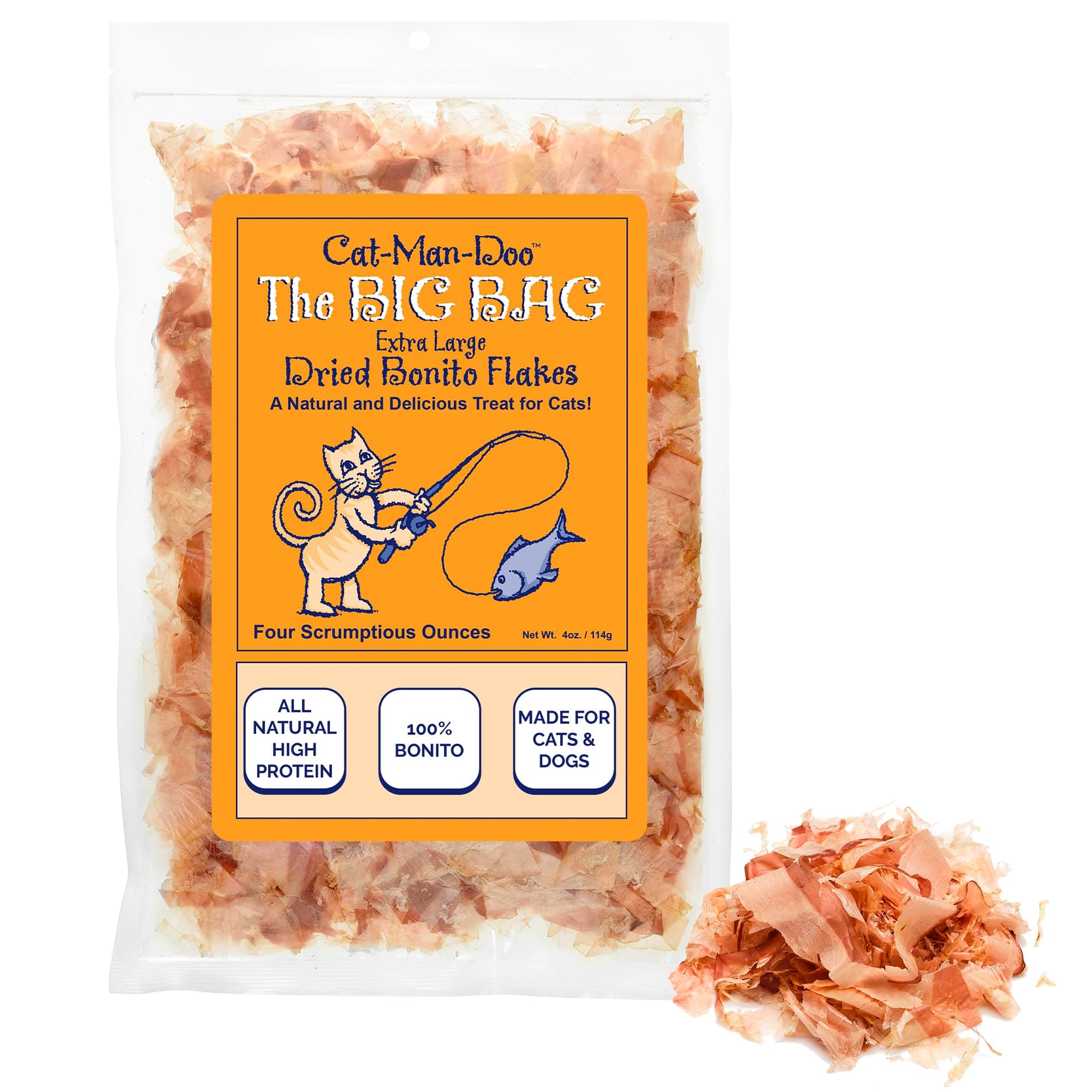 Cat-Man-Doo Extra Large Dried Bonito Flakes Treats for Dogs & Cats - All Natural High Protein Flakes - 4oz. / 112g Bag