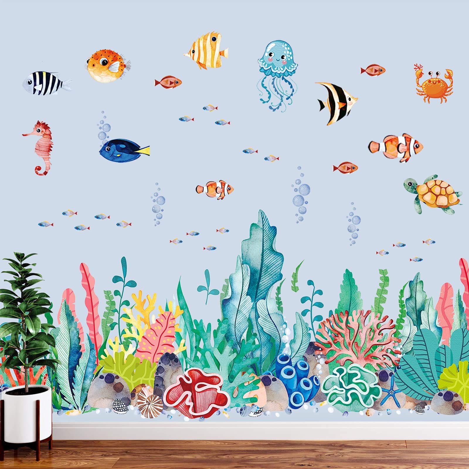 Outus 2 Sheets Large Under The Sea Seaweed Wall Decals Sea Turtles Jellyfish Fish Removable Wall Sticker DIY Ocean Grass Wall Art Decals for Boys Girls Toddler Baby Nursery Bedroom Playroom Bathroom