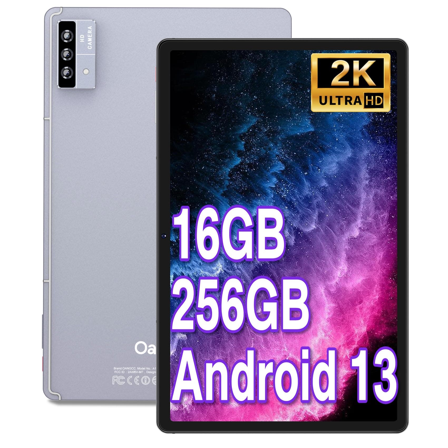 Oangcc 11 Inch Tablet Android 13 Tablets 16GB RAM 256GB ROM 1TB Expand 2025, 2K Display 2000 x 1200, Octa-Core, 8600mAh, Split Screen, Quad Speakers, 5G WiFi, 13MP Triple Camera, GPS - Gray with Case