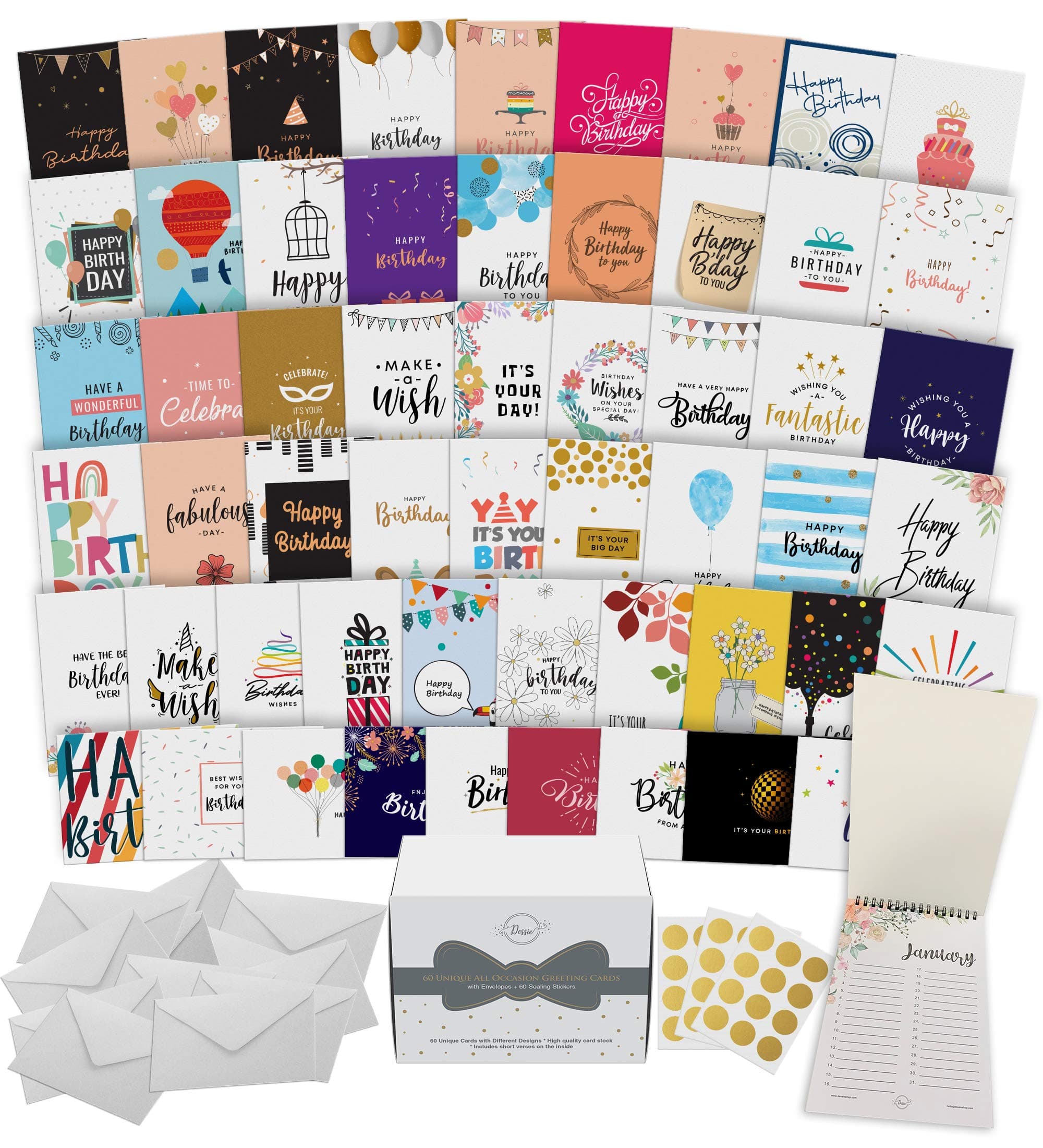 60 Unique Birthday Cards Assortment 5x7 with Generic Birthday Greetings Inside. Suitable For Men, Women and Kids. Send As Is Or Personalize. Includes Envelopes and Gold Stickers