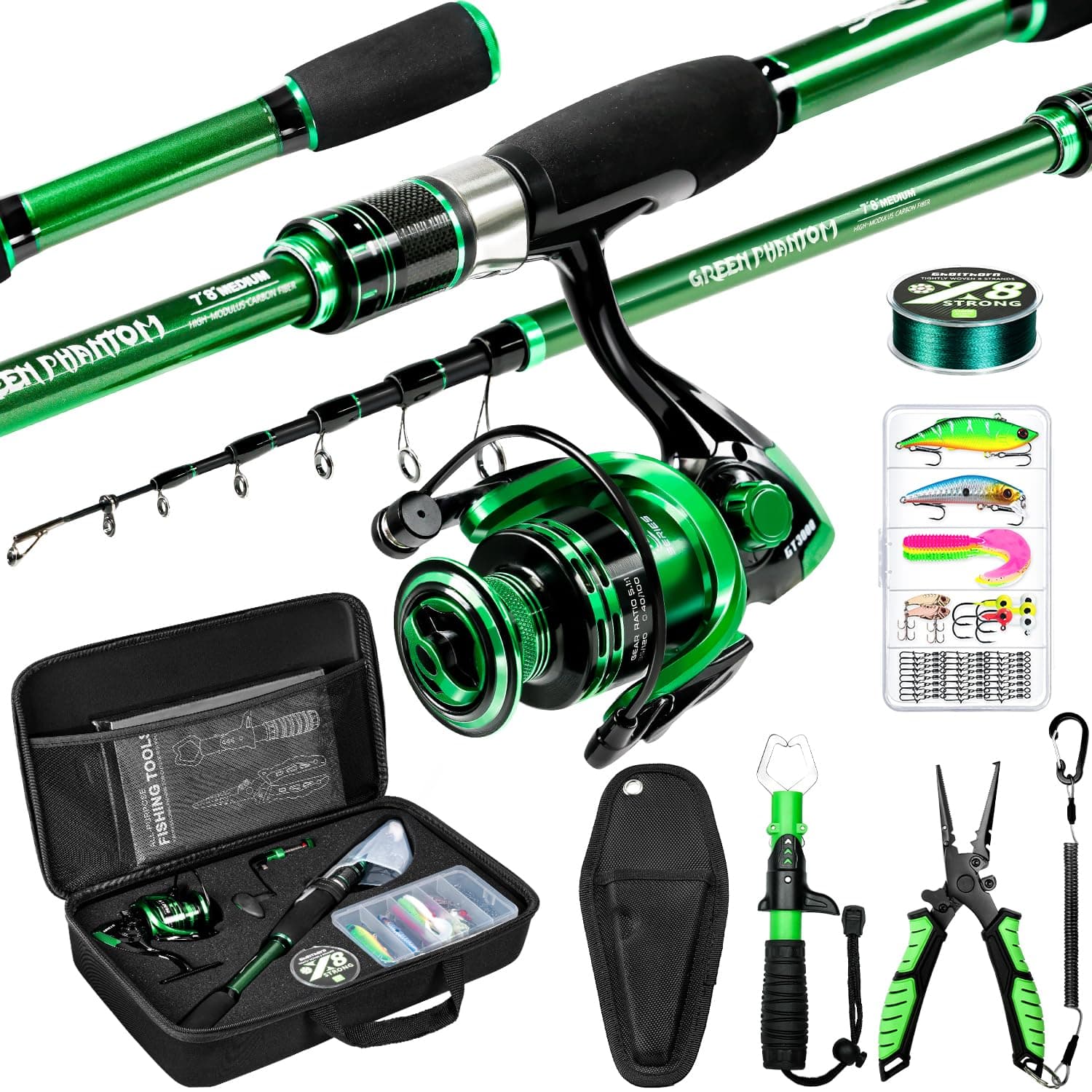 Ghosthorn Green Fishing Rod and Reel Combo Telescopic Collapsible Pole Kit Plier