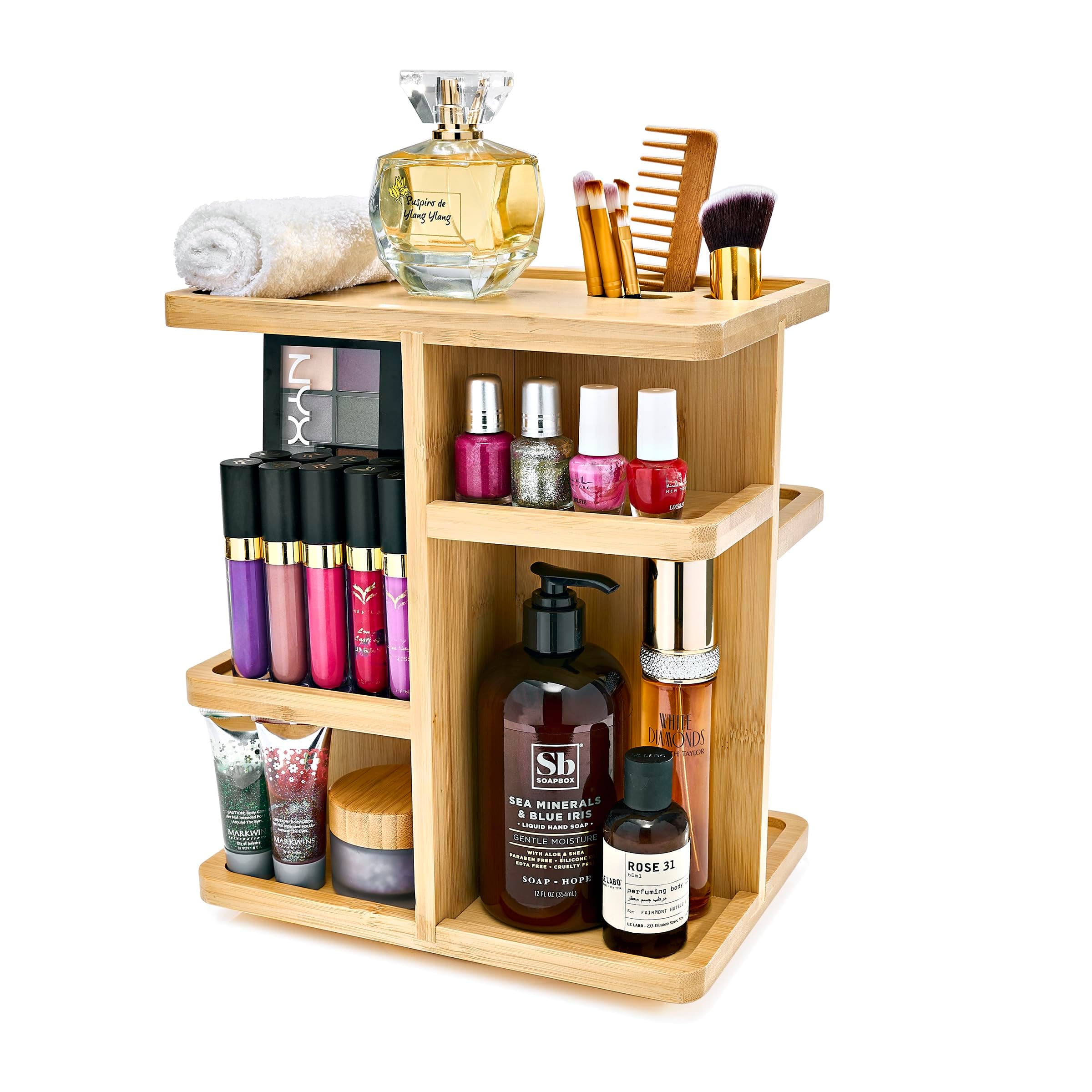 Sorbus 360° Bamboo Cosmetic Organizer, Multi-Function Storage Carousel for Makeup, Toiletries, and More - Great for Vanity, Desk, Bathroom, Bedroom, Closet, Kitchen