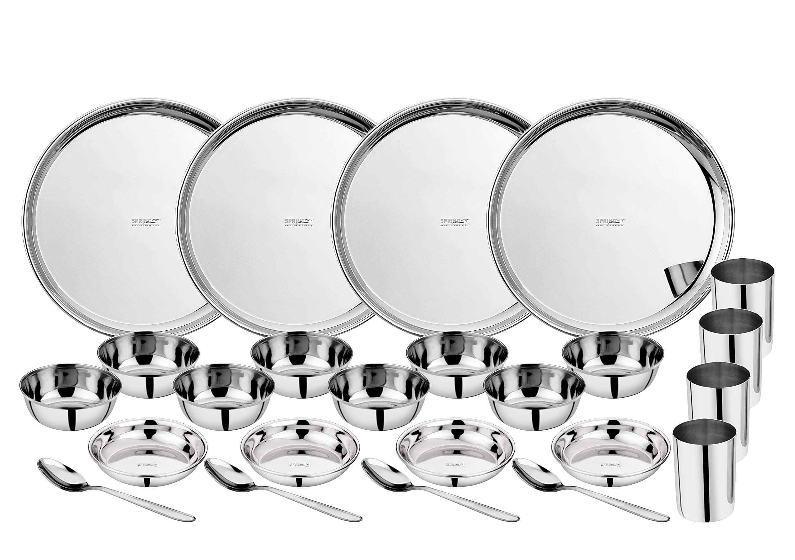 Stainless Steel Thali Bhojan Set of Dinner Plate, Halwa Plate, Katori Bowl, Glass, Spoon (Silver) (Set of 24)