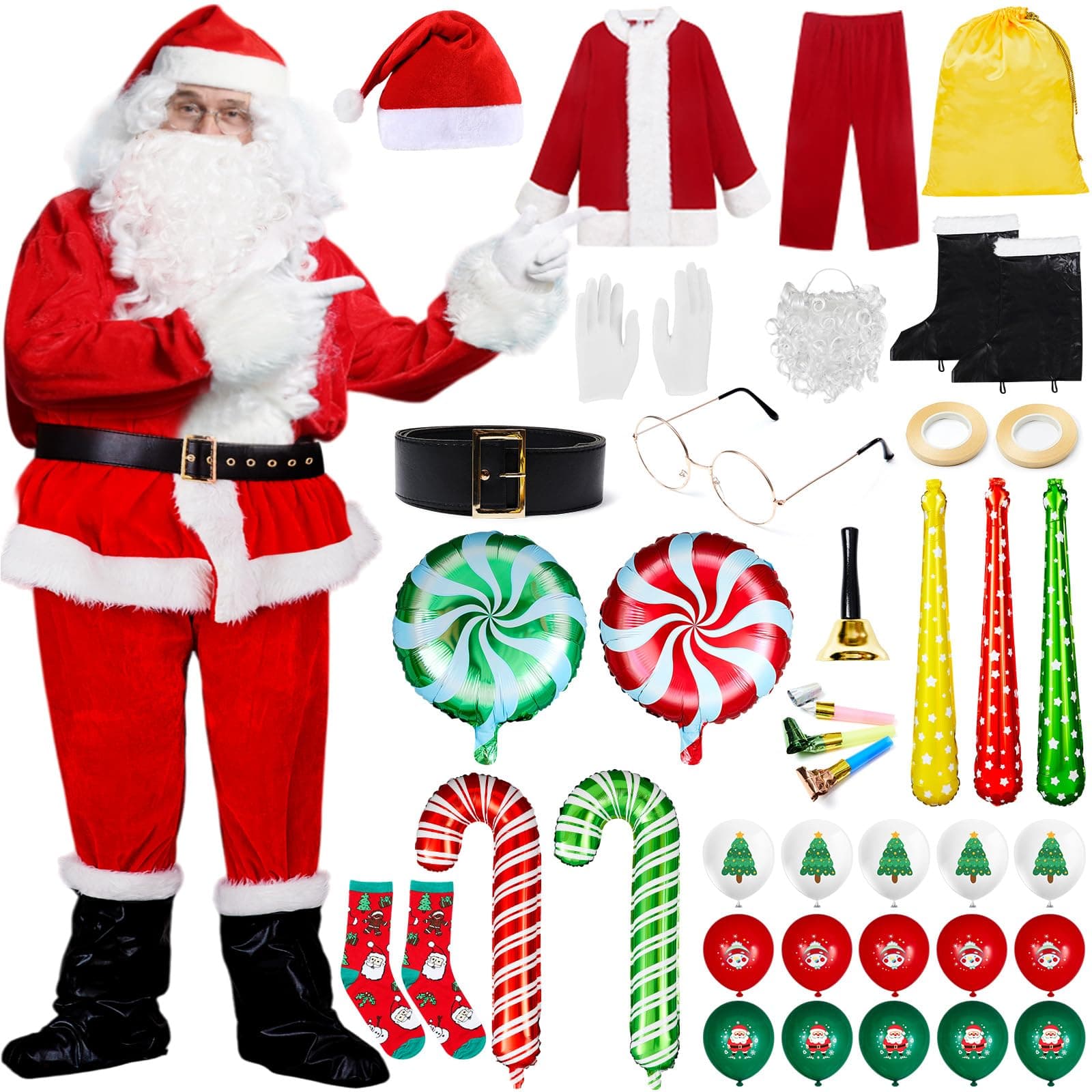 Mepase 36 Pcs Christmas Santa Claus Costume Accessory for Men Adult Santa Suit Santa Claus Outfit