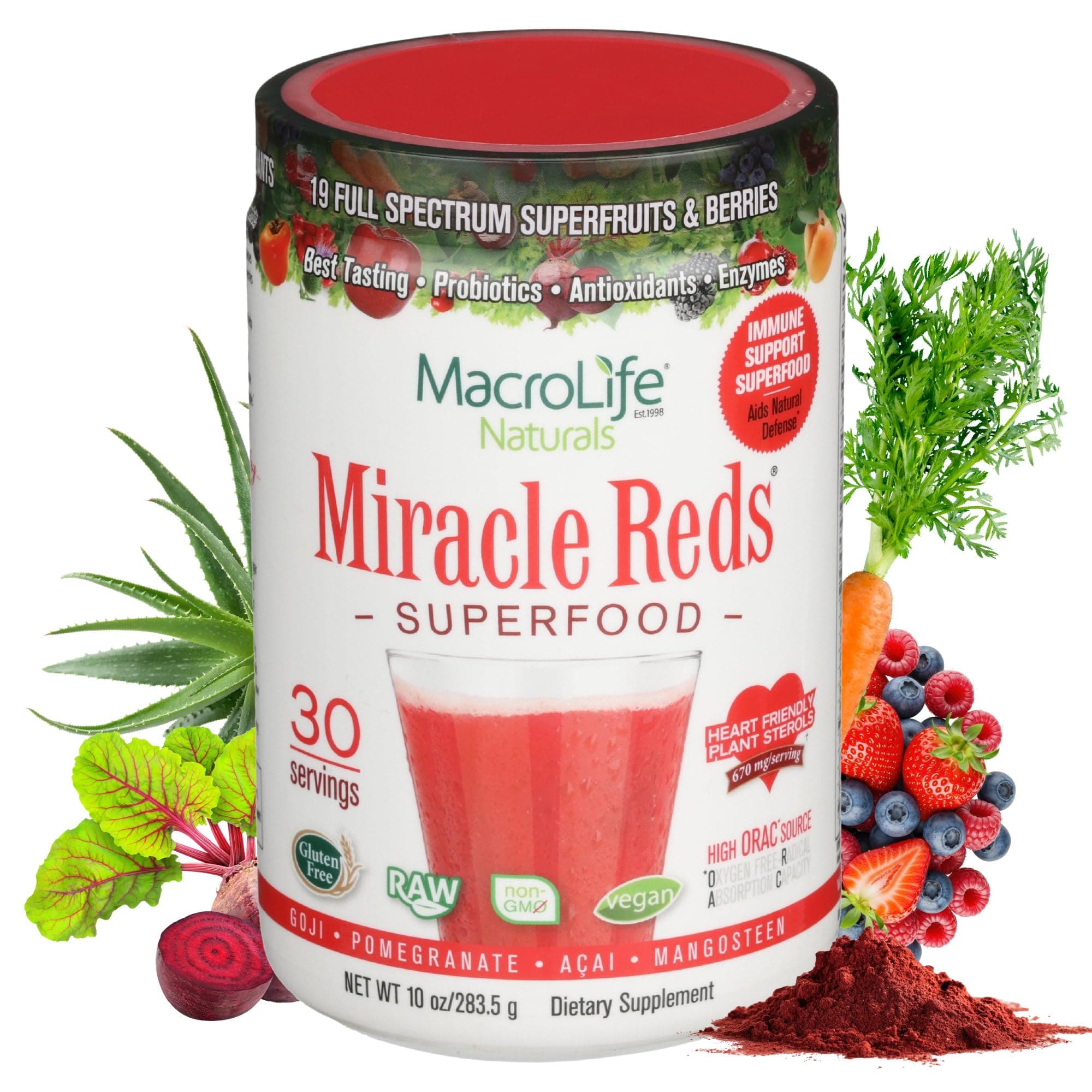 MacroLife Naturals Miracle Reds Superfood Powder 19 Blended Fruit & Berry Polyphenols Enzymes Probiotics & Antioxidants Supplement - Raw Non-GMO & Vegan Whole Food Vitamins - 30 Servings