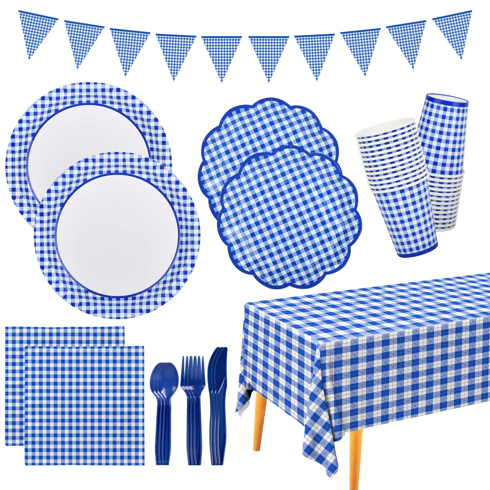 GatherfunBlue and White Gingham Party Tableware Set SERVER 25 Paper Plates Dessert Plates Cups Napkins Tablecloth for Luncheon Picnic Barbecue Birthday Farm Theme Party