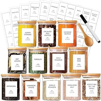 12 Pcs Glass Spice Jars with Bamboo Airtight Lids and 191 Labels - 8.5oz Small Food Storage Containers for Kitchen, Seasoning, Coffee, Herb - Spoon and Marker Included