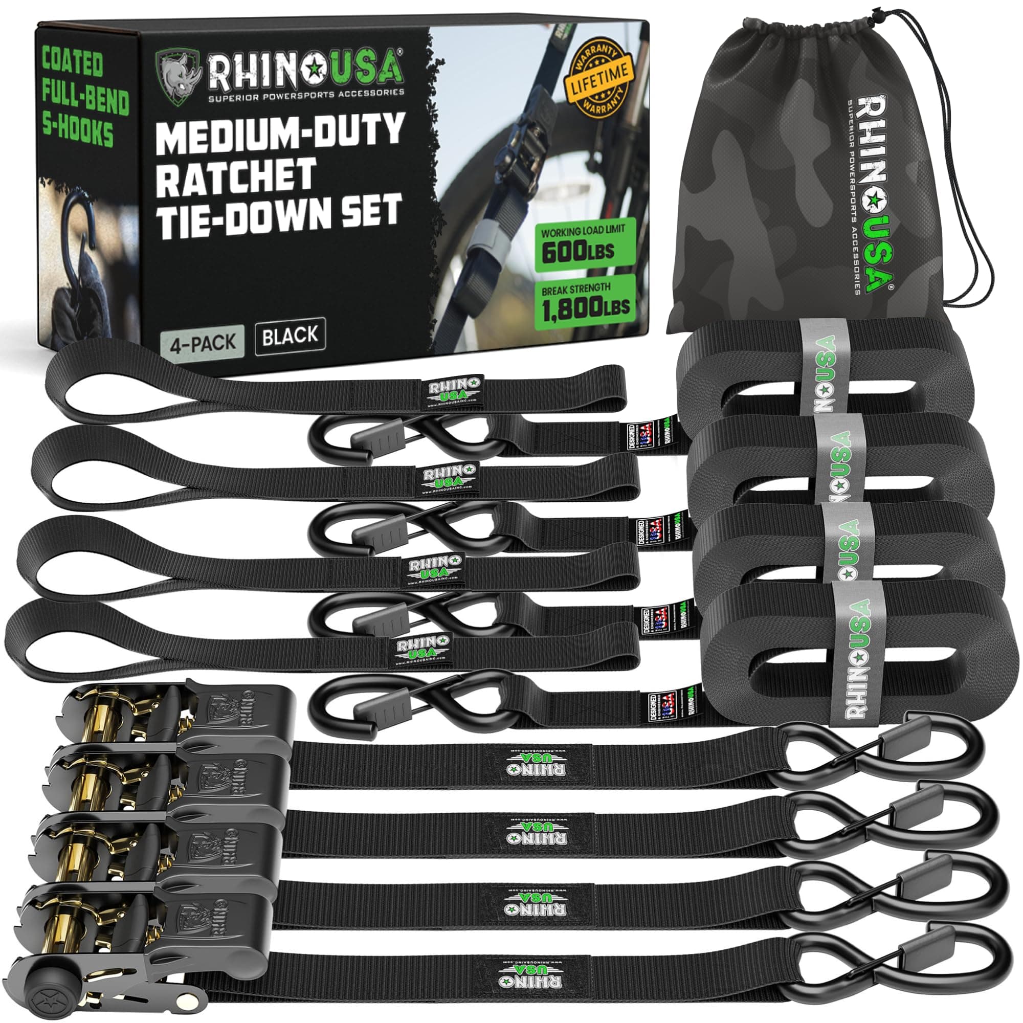 Ratchet Straps (4PK) - 1,823lb d Max Break Strength, Includes (4) Premium 1in x 15ft Rachet Tie Downs with Padded Handles. Best for Moving, Securing Cargo (BLACK)
