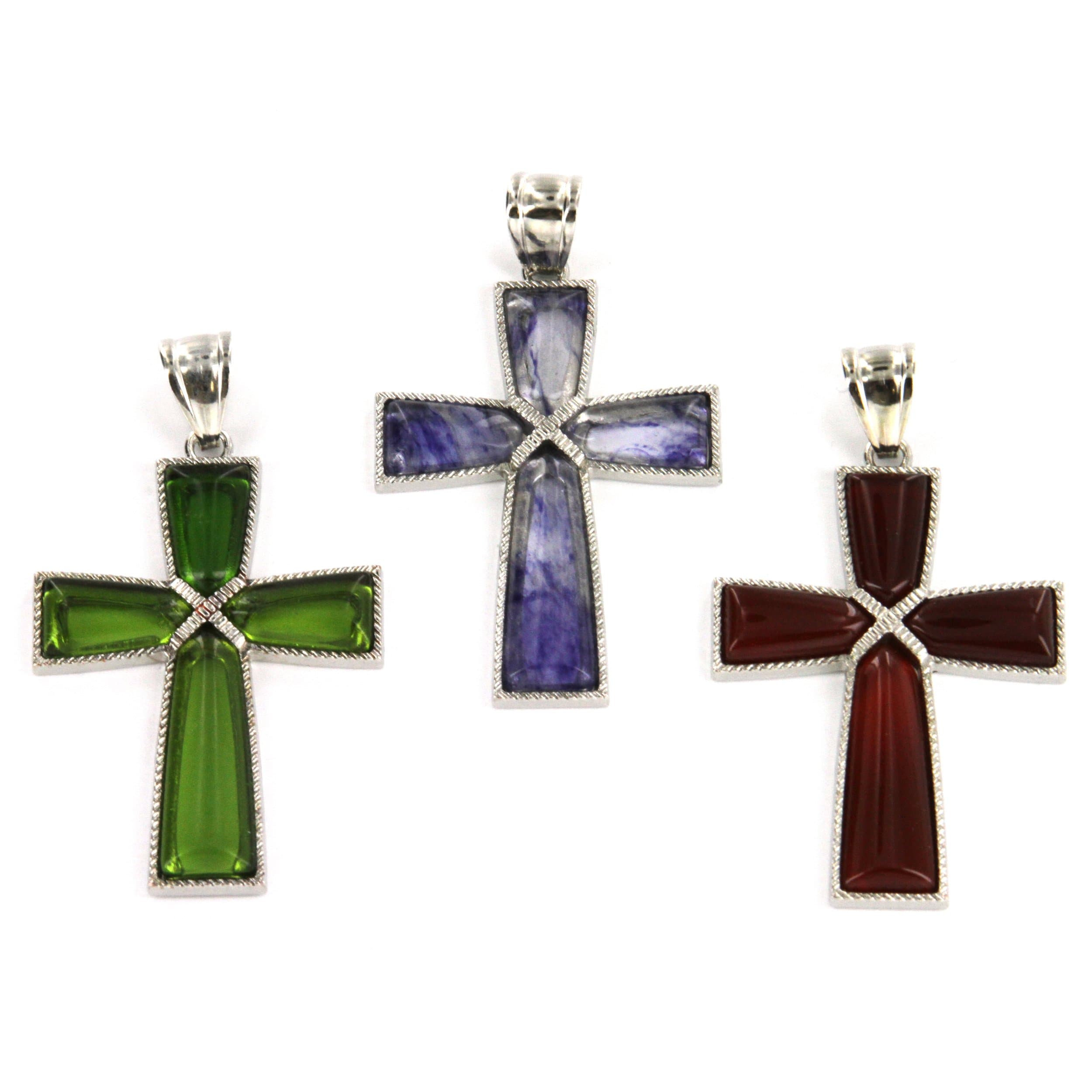 Glass Cross Pendant Set - Red, Green, and Blue Glass Quartz - Set of 3