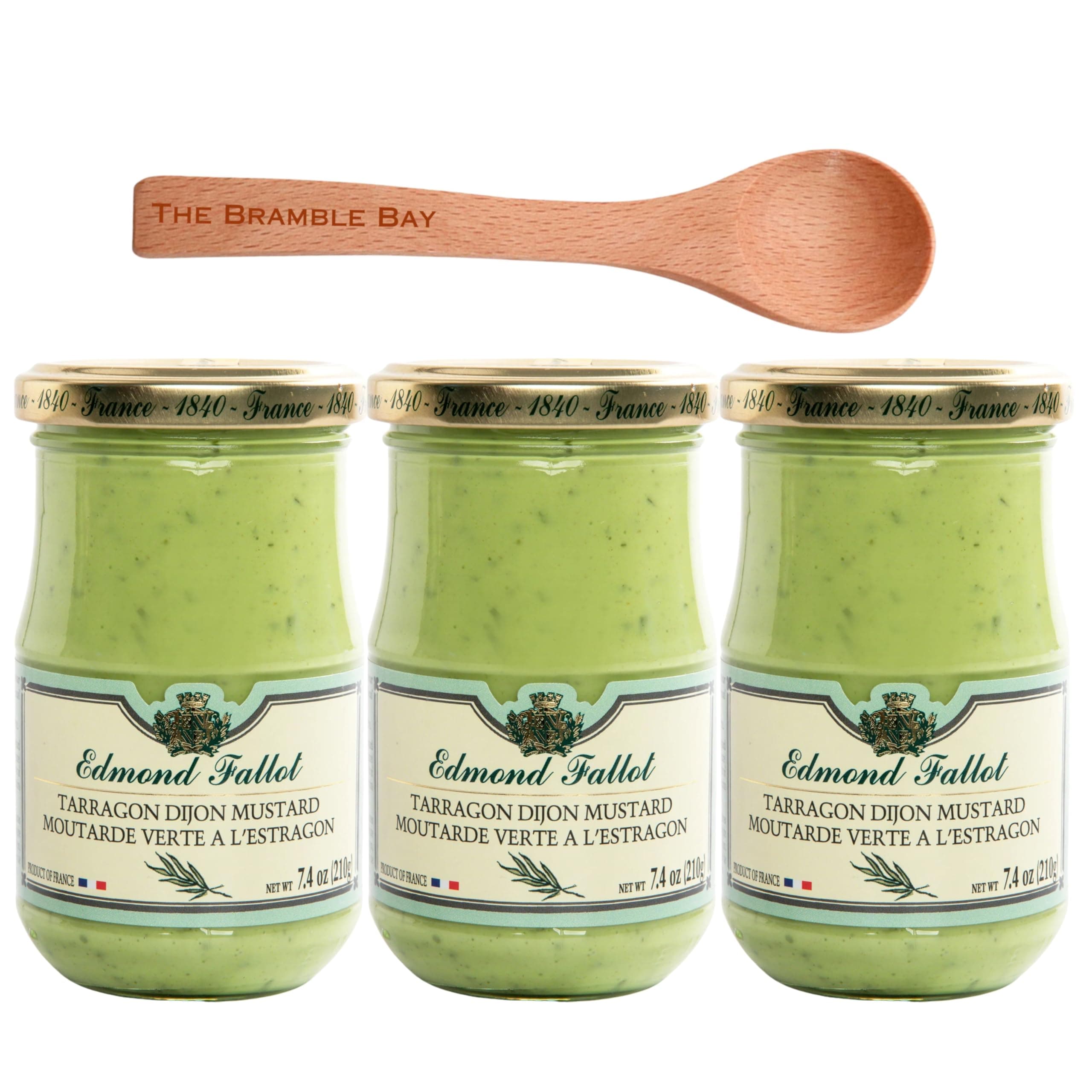 Dijon Mustard Bundle includes Edmond Fallot Dijon Mustard with Tarragon Pack of 3 x 105g, Wooden Spoon