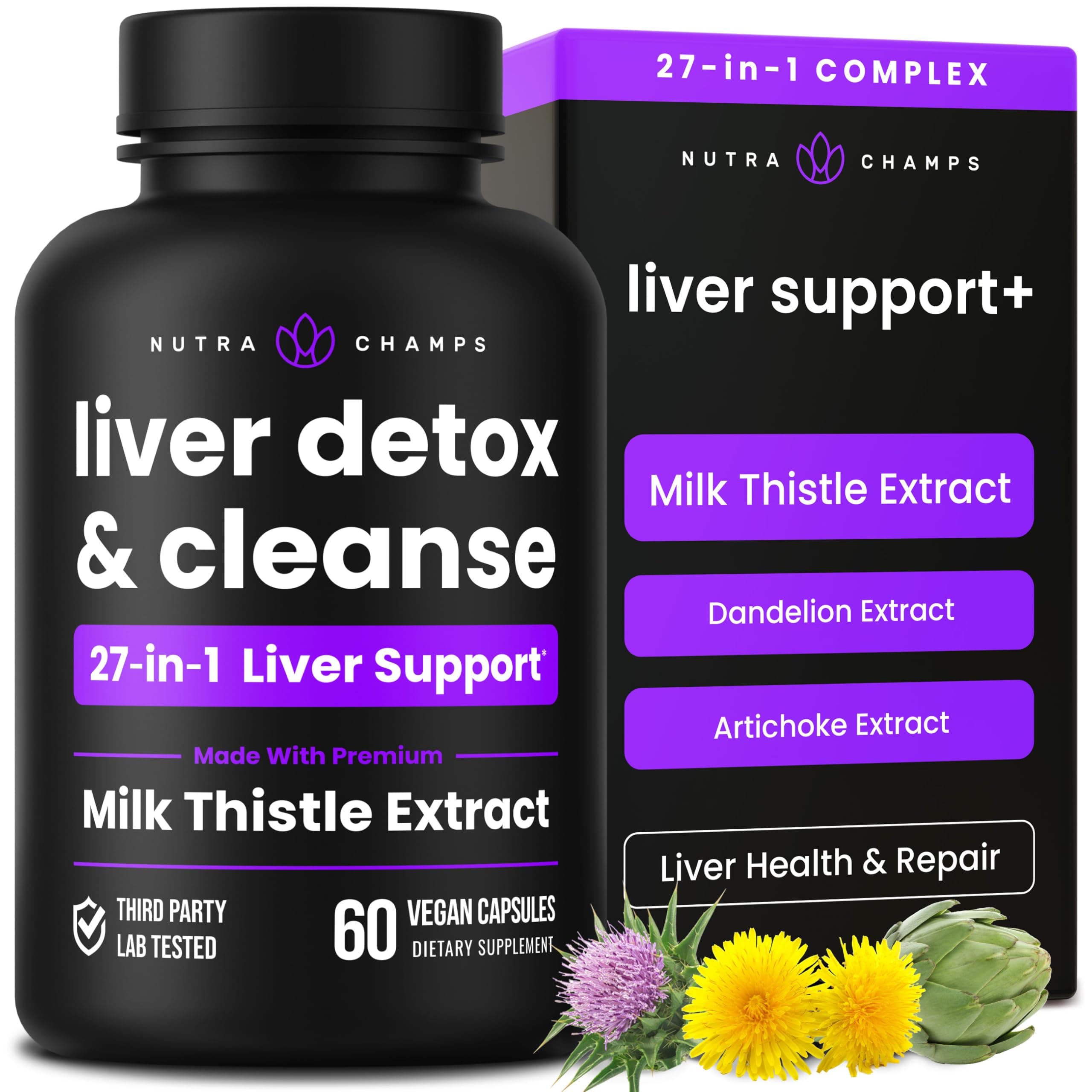 NutraChamps Liver Cleanse Detox & Repair Formula, 20+ Herbs: Milk Thistle Extract with Silymarin, Artichoke, Dandelion, Chicory Root Powder, Liver Support Pills Supplement, 60 Capsules