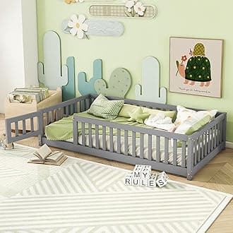 Bellemave Twin Floor Bed with Slats and Safety Guardrails, Kids Montessori Floor Beds with Fence and Door, Easy Assemble Floor Bed for Kids, Girls, Boys, Gray