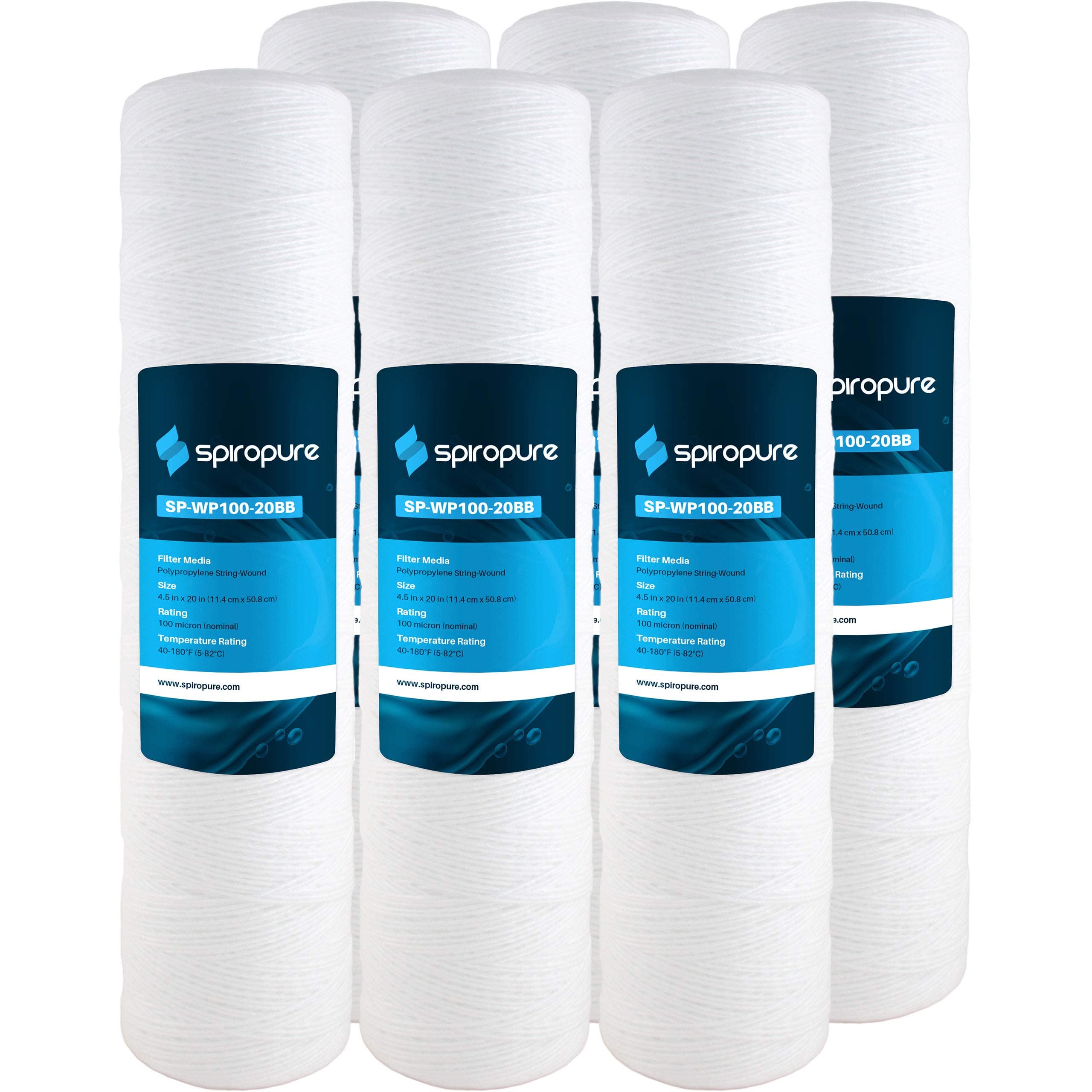 SpiroPure SP-WP100-20BB 20x4.5 100 Micron String-Wound Polypropylene Water Filter Cartridge SWC-45-20100 WPX100BB20P 355226-43 (Case of 6)