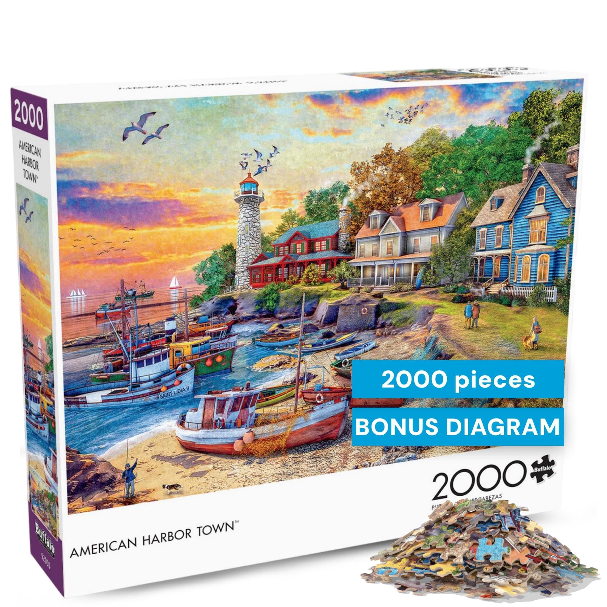 Buffalo Games - American Harbor Town by Dominic Davison 2000 Piece Jigsaw Puzzle for Adults - Challenging Puzzle Perfect for Game Nights - Finished Size is 38.5 x 26.5 – Precision-Cut Pieces