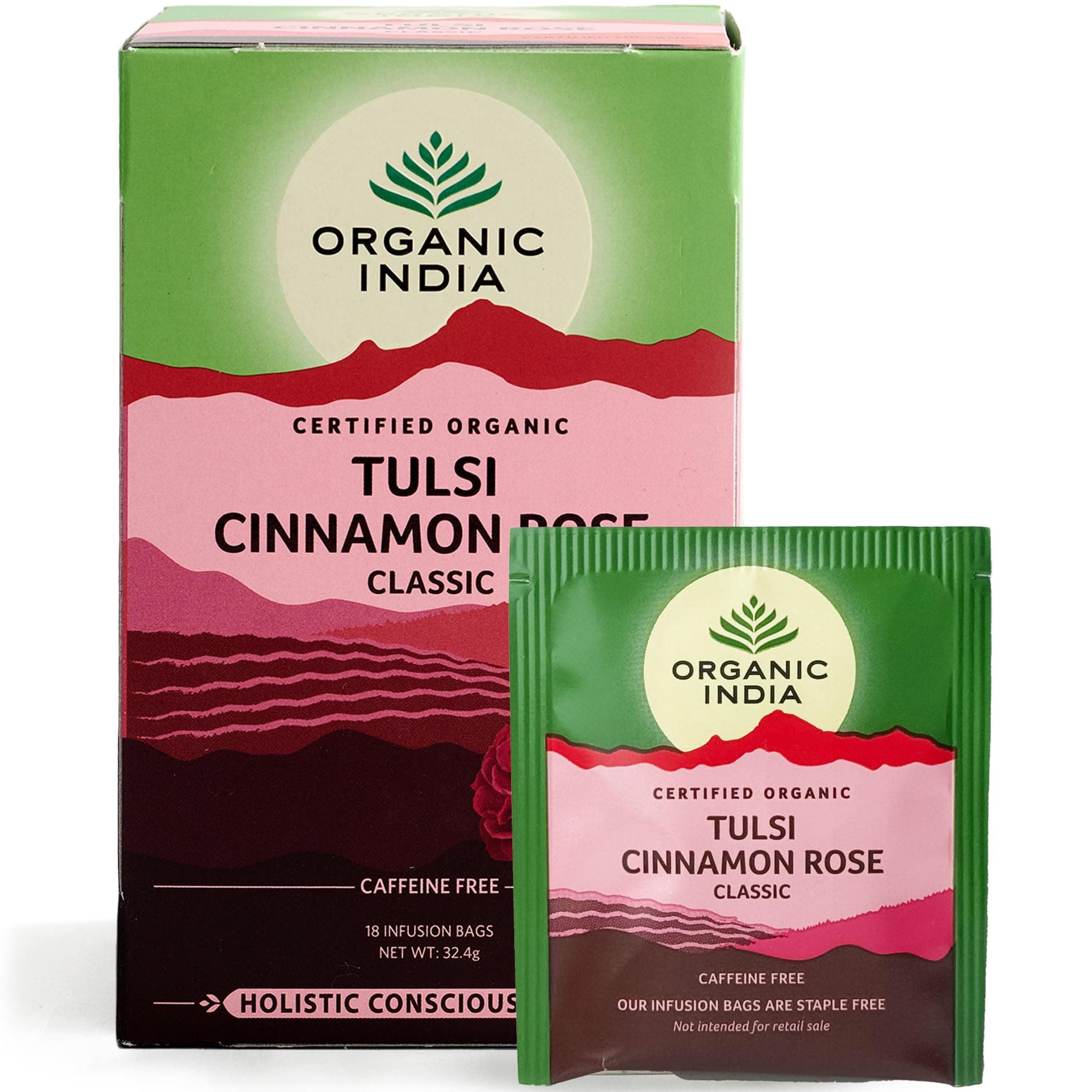 Organic India Tulsi Cinnamon Rose Tea - Organic Tulsi, Rose & Ceylon Cinnamon Infusion - Warm & Aromatic Herbal Blend with Floral Notes - Caffeine-Free for Comfort - 18 Individually Wrapped Tea Bags