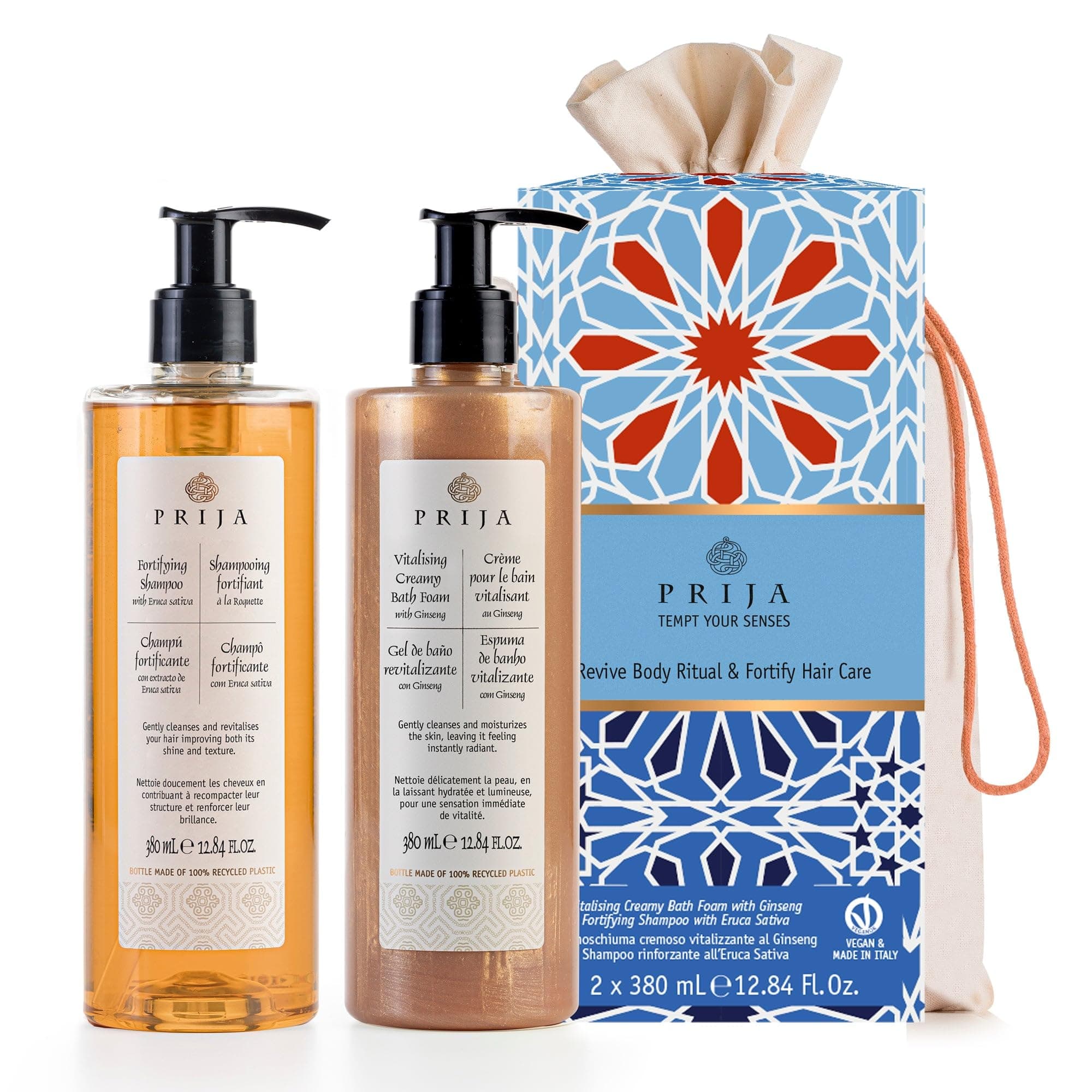 Prija Hair and Body Gift Pack (Includes Vitalizing Creamy Bath Foam with Ginseng and Fortifying Shampoo with Eruca Sativa) - Vegan Friendly - Dermatologically Tested - Made with 100% Recycled Bottle