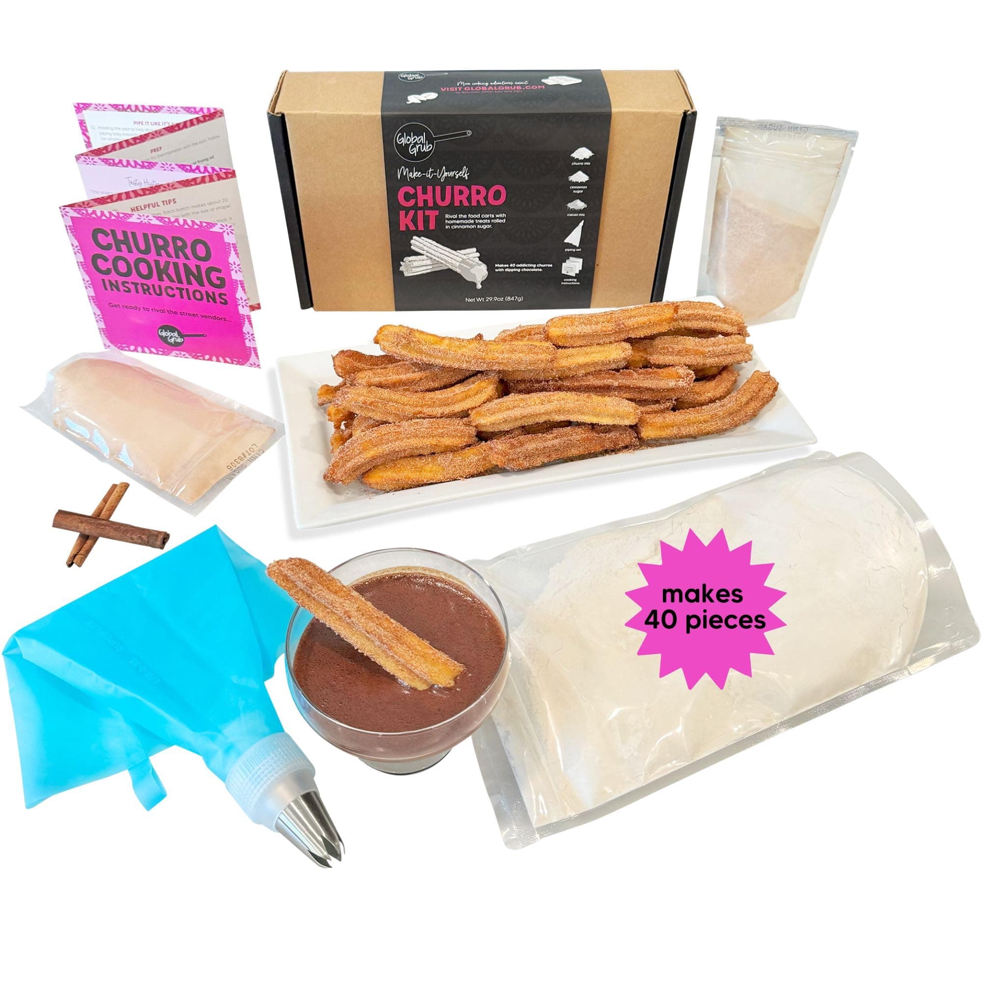 Global Grub DIY Churro Kit - Homemade Churro Kit Includes Churro Mix, Cinnamon Sugar, Chocolate Dipping Mix, Churro Piping Set, Step-by-Step Instructions, Makes 40