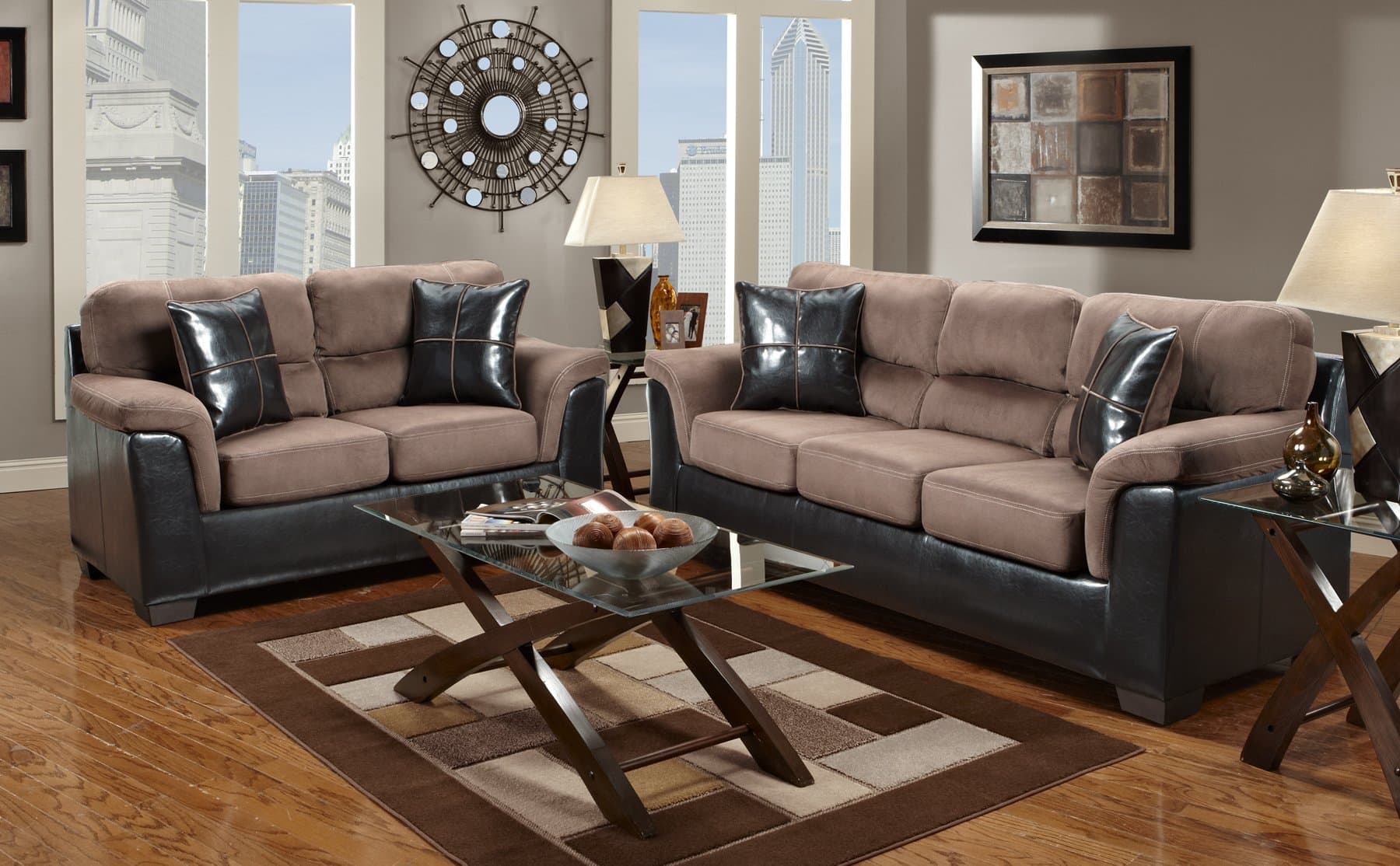 Roundhill Furniture Laredo 2-Toned Sofa and Loveseat Living Room Set, Chocolate/Brown