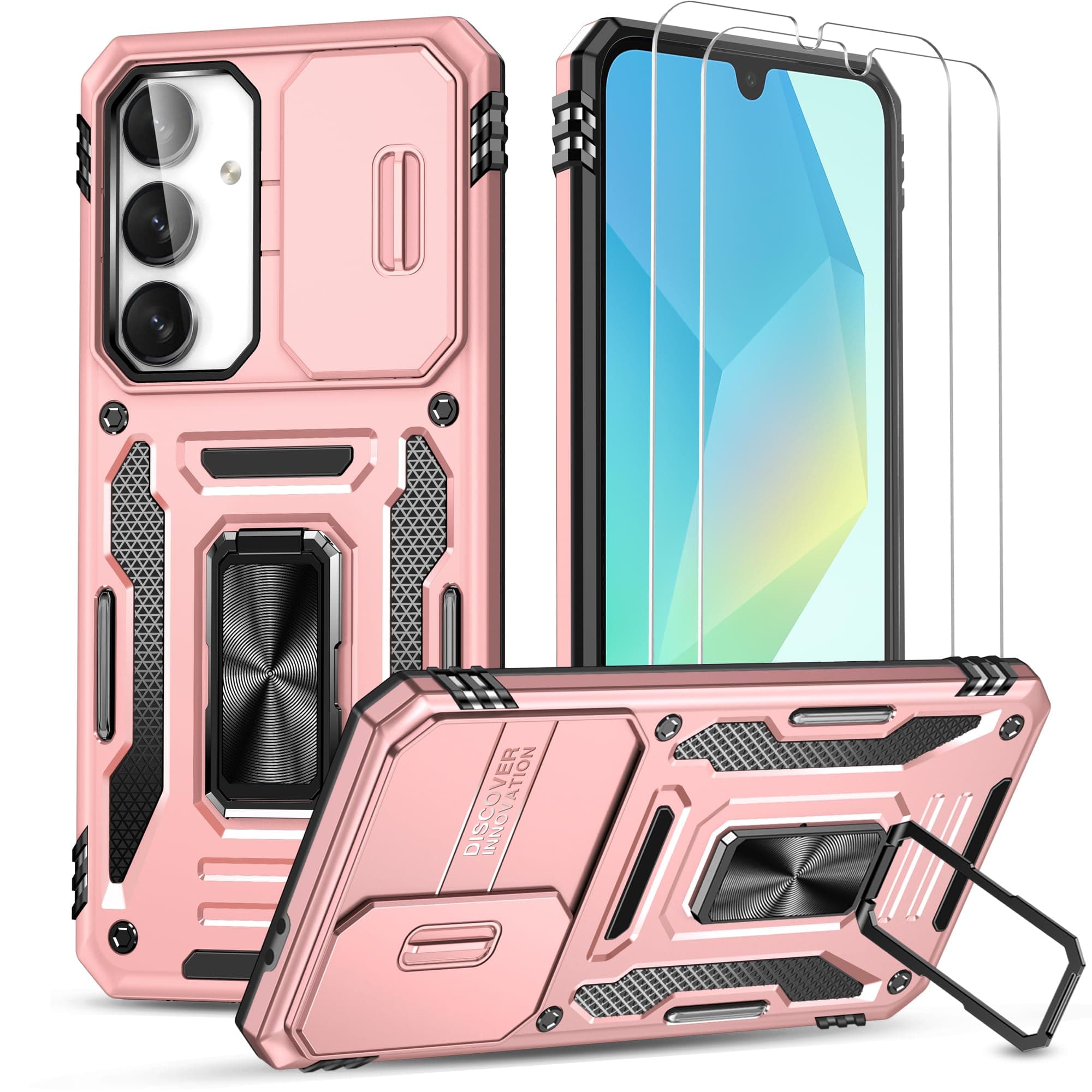 Ezanmull for Samsung Galaxy A16 5G Case with Slide Camera Cover + Screen Protector(2 Packs), Rotated Ring Kickstand Military Grade Shockproof Protective Cover for Samsung Galaxy A16 5G (Rose Gold)