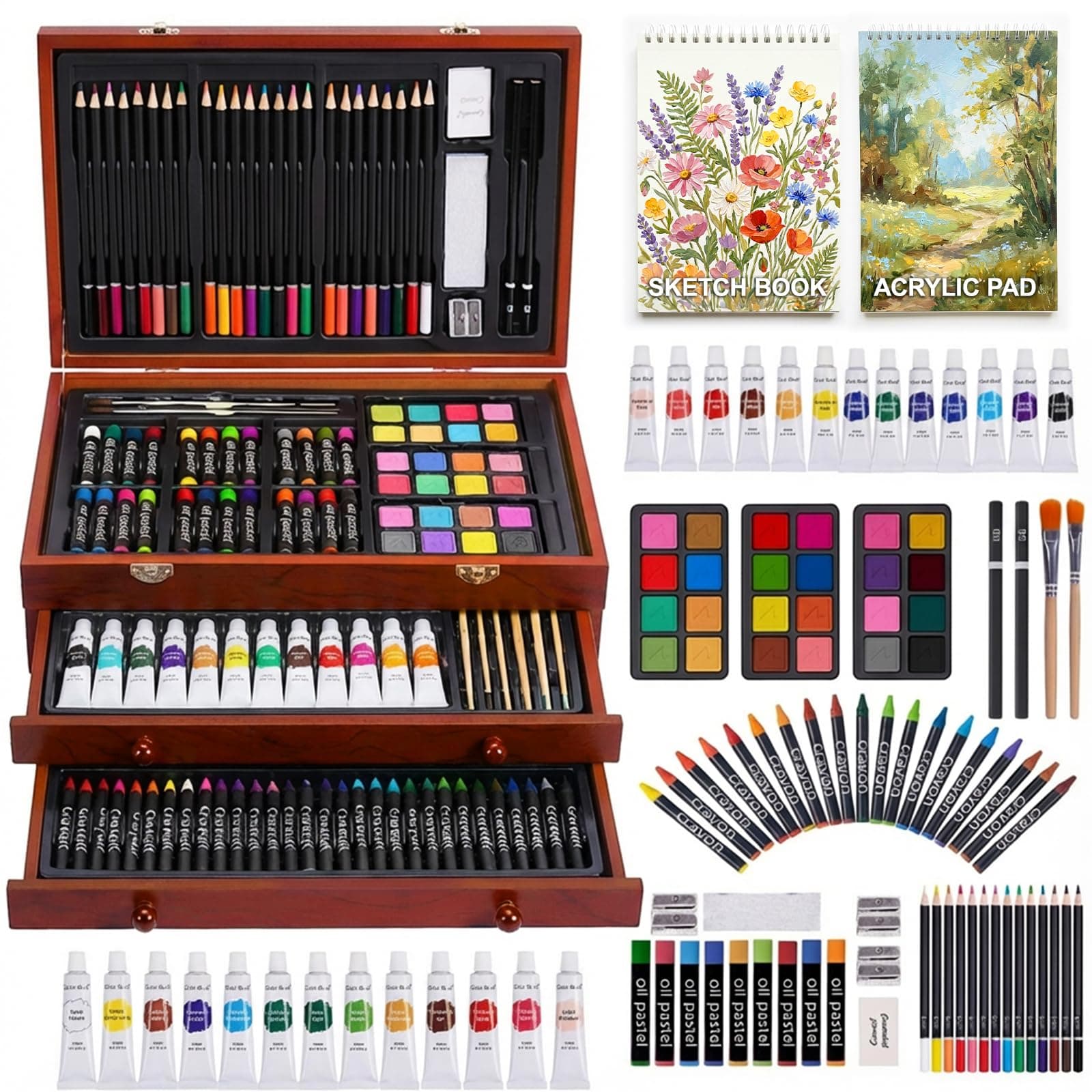 TMOL Art Supplies, 175-Pack Deluxe Art Set Drawing Painting Kit with 2 Drawing Pads, Acrylic Paints, Colored Pencils, Crayons, Art Kit in Wooden Case, Gift for Artist, Adults, Teens and Kids