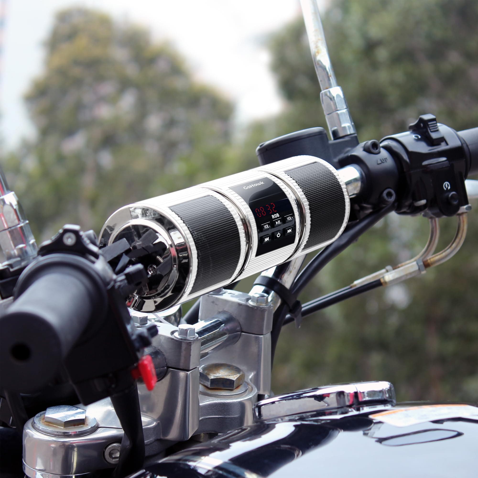 GoldenHawk Waterproof Bluetooth Wireless Motorcycle Stereo Speakers 7/8-1.25 in. Handlebar Mount MP3 Music Player Audio Amplifier System Scooter Bike ATV UTV Jet Ski, AUX IN, USB, microSD, FM Radio