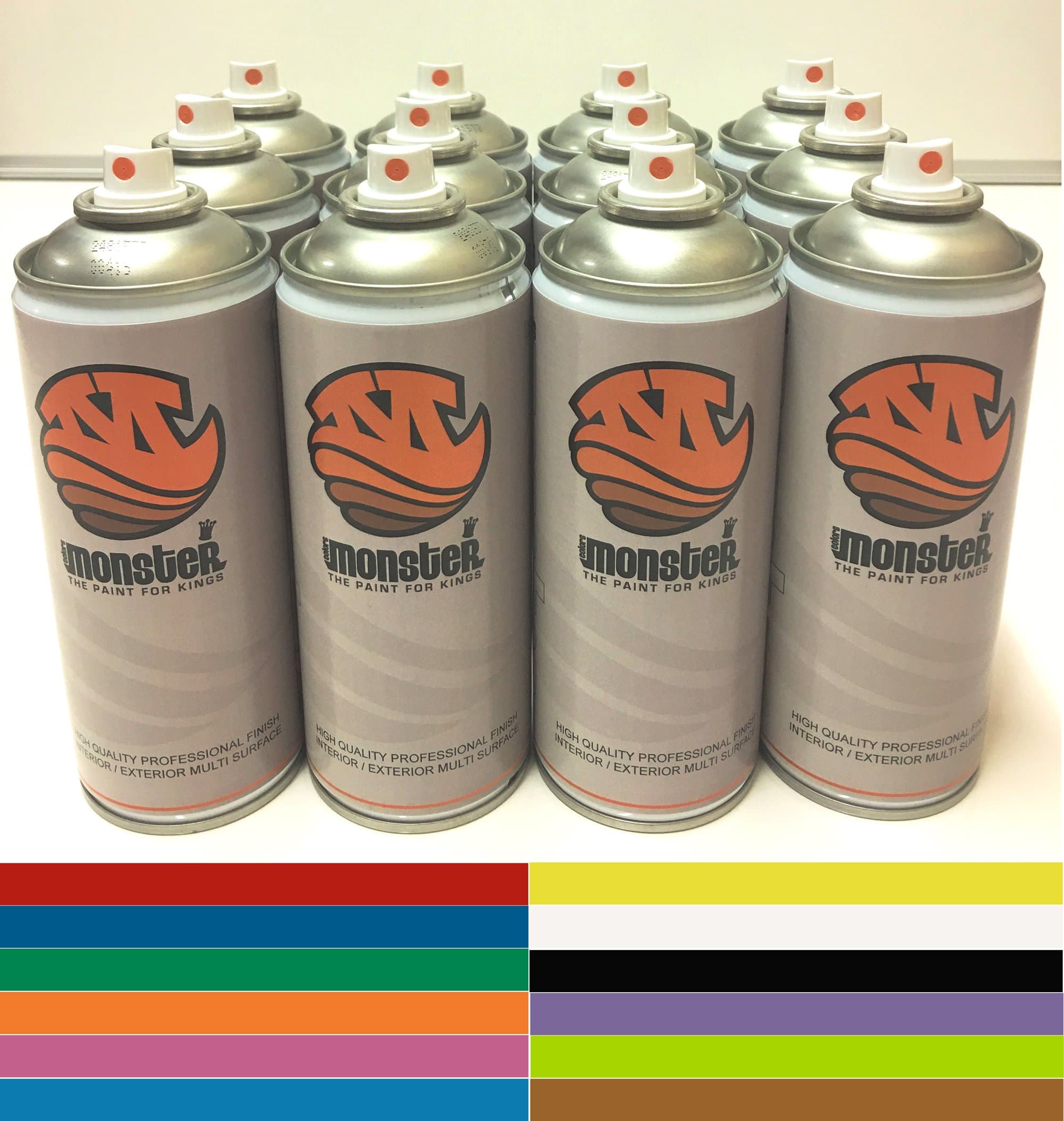 Monster Premiere Satin Spray Paint 12 Can Black n White Box Deal, Red, Blue, Green, Yellow , White, Black, Orange, Pink, Light Blue, Purple ,Brown, Lime Green all purpose interior /exterior , art, crafts , Graffiti, auto, home furniture, 400ml