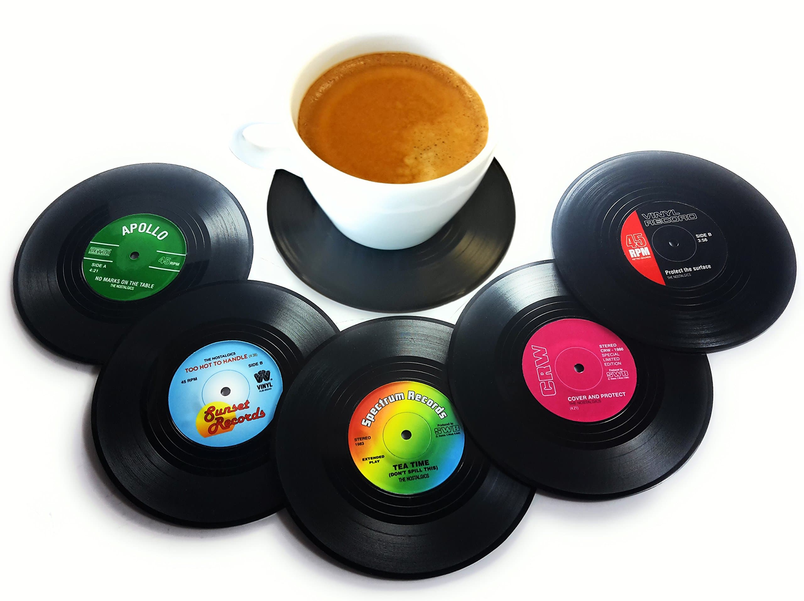 Vinyl Record Disc Coasters | Set of 6 with funny, colorful labels | Perfect for classic music lovers