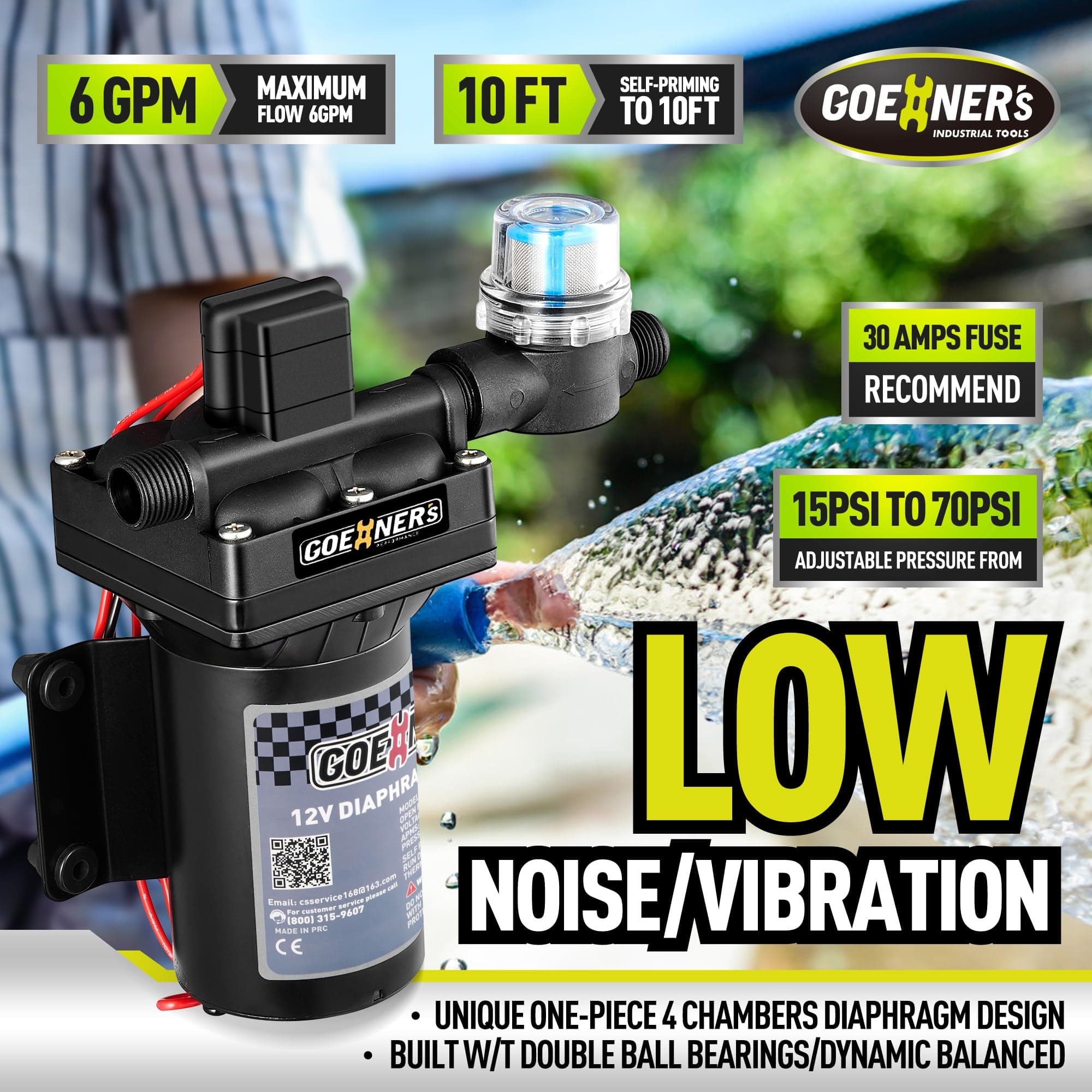 [Upgraded Version] RV Fresh Water Pump, 12V DC 6GPM 70PSI Self-Priming Diaphragm with Pressure Switch and Strainer for RV, Marine, Yacht, Caravan