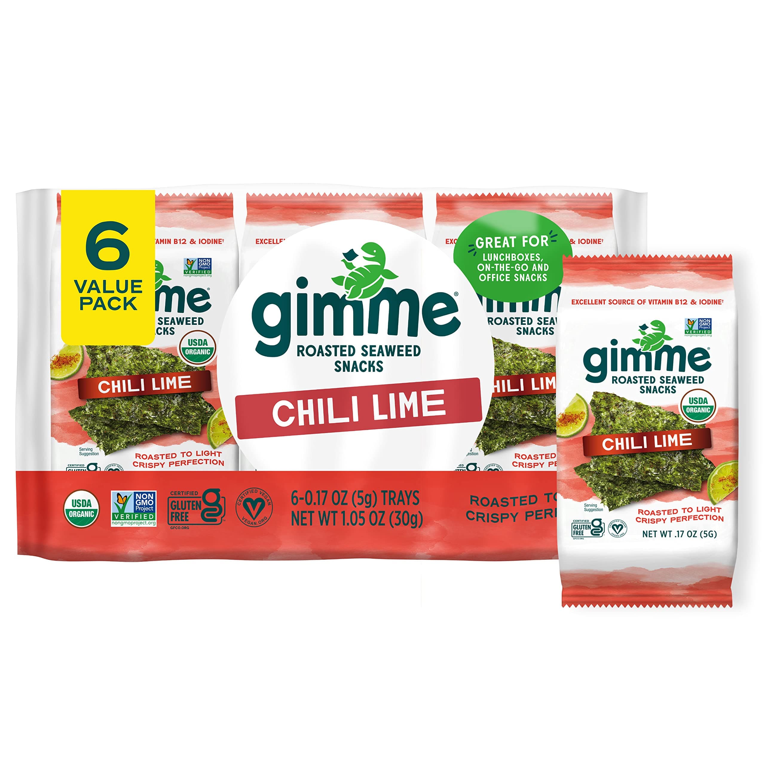Gimme Seaweed Organic Premium Roasted Seaweed Snacks, Chili Lime, 6 Count, Keto, Vegan, Gluten-Free, Great Source of Omega3s and Iodine, Healthy On-The-Go Snack for Kids and Adults