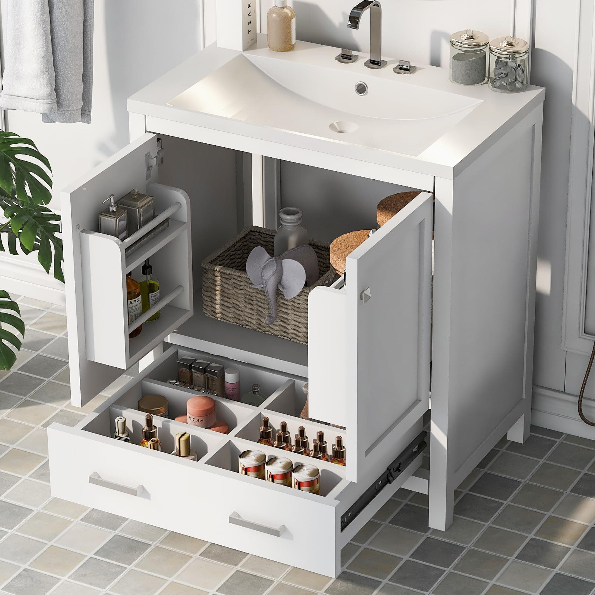 Merax 30" Bathroom Vanity with Single Sink, Combo Cabinet Undermount Sink, Bathroom Storage Cabinet with 2 Doors and a Drawer, Soft Closing, Multifunctional Storage, Solid Wood Frame, White