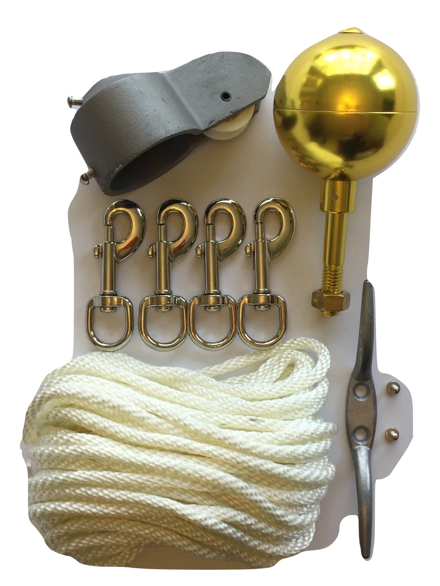 WINDSTRONG Commercial Quality Flagpole Repair Kit (50 FT X 1/4") Diameter White Flagpole Halyard Rope (4 Flagpole Clips) (3 Inch Deluxe Gold Ball) (2 Inch Diameter Pulley Truck) (6 Inch Cleat)