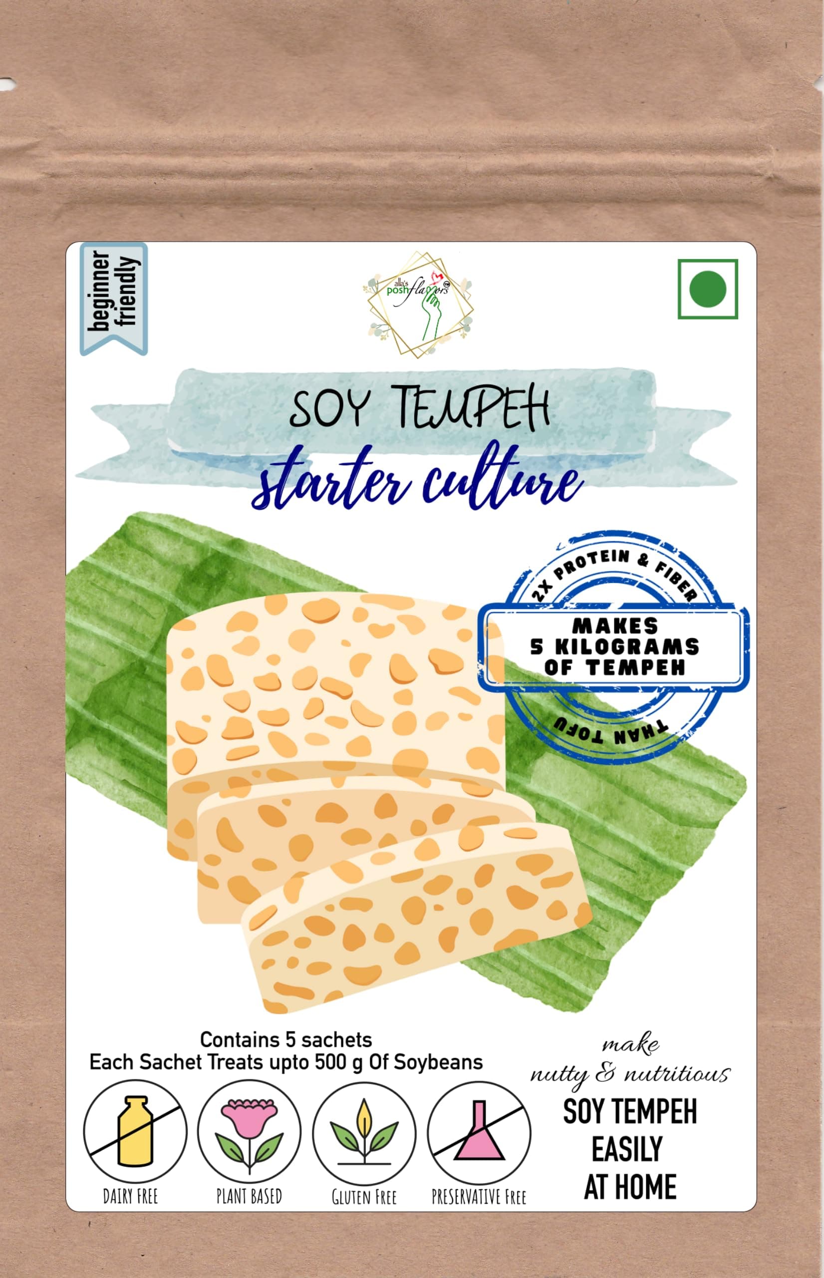 Alla's Posh Flavors Soy-Based Tempeh Starter Culture | Make Indonesian Tempeh at Home | Easy-to-Use Instructions Included | Makes 5 Kilograms of Soy Tempeh
