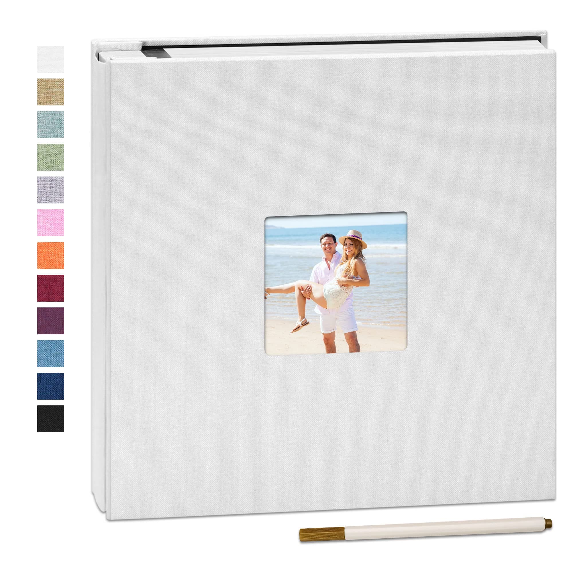 Yopih Self Adhesive Photo Album 33x32cm Scrapbook Album with Window 40 Double Sided Pages Linen Hardcover with A Metallic Pen DIY Anniversary Memory Book for Baby Wedding Family