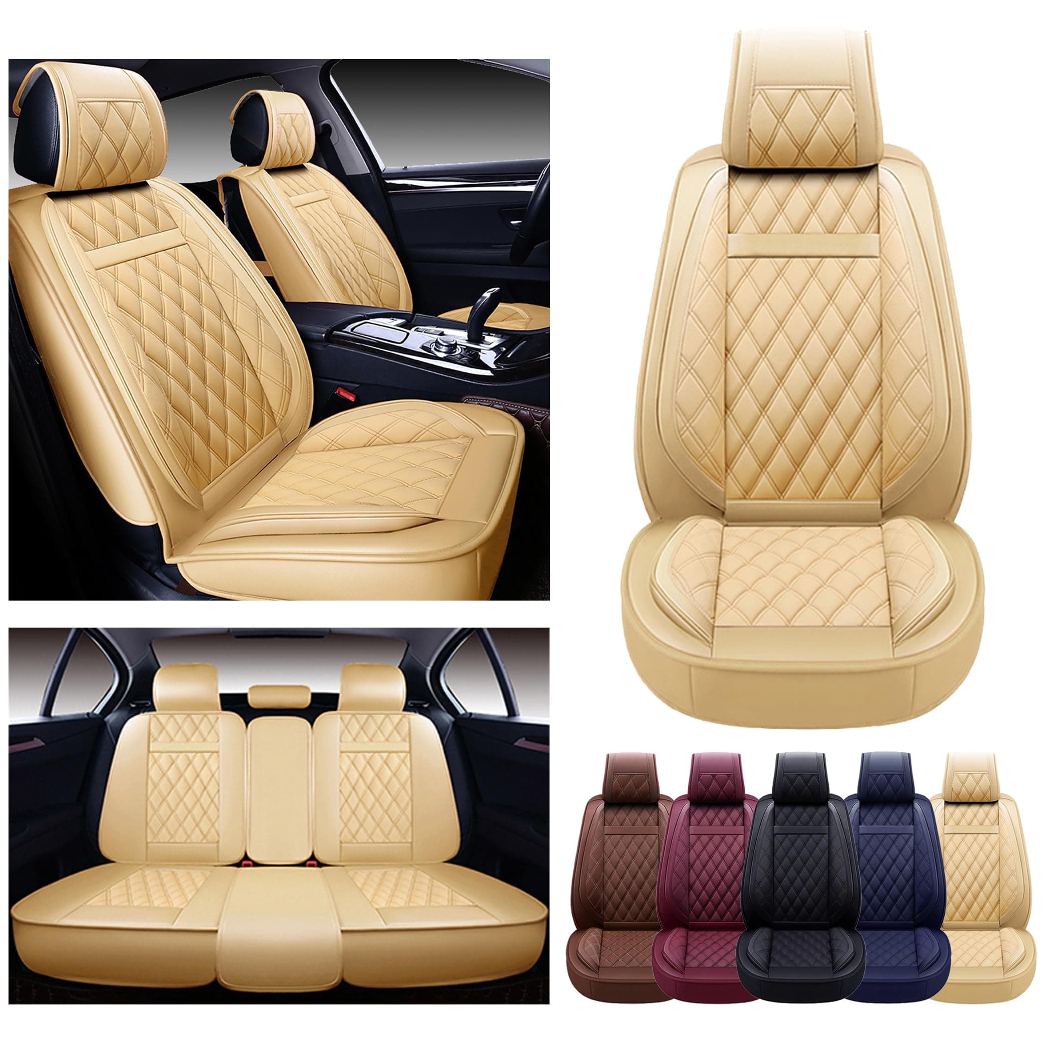 OASIS AUTO Car Seat Covers Premium Waterproof Faux Leather Cushion Universal Accessories Fit SUV Truck Sedan Automotive Vehicle Auto Interior Protector Full Set (OS-009 Tan)