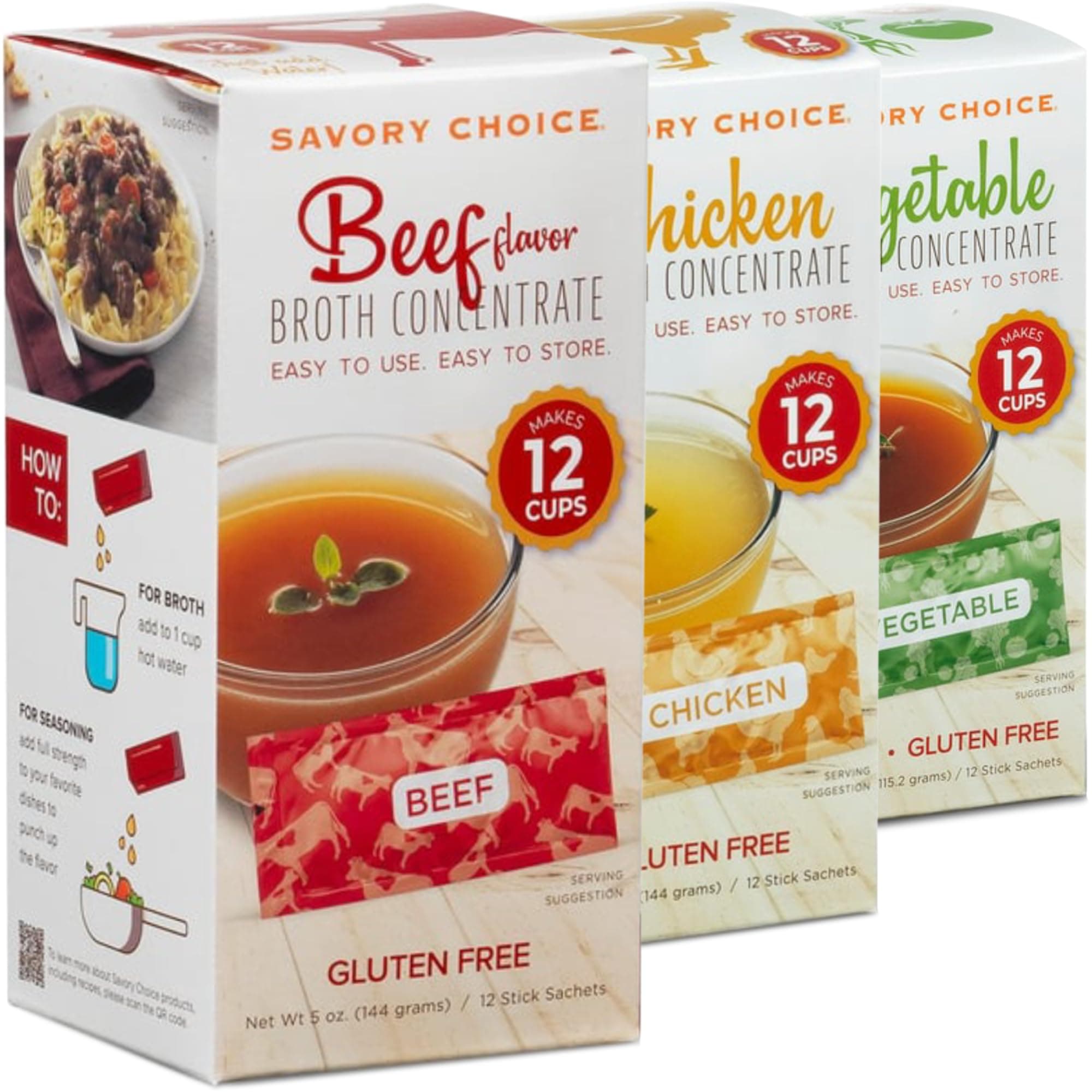 SAVORY CHOICE Beef, Chicken and Vegetable Broth Concentrate, 3 Boxes of 12 Packets/Flavour (12g, 12g, 9.6g) - Gluten-Free, Diary-Free Broth Concentrate