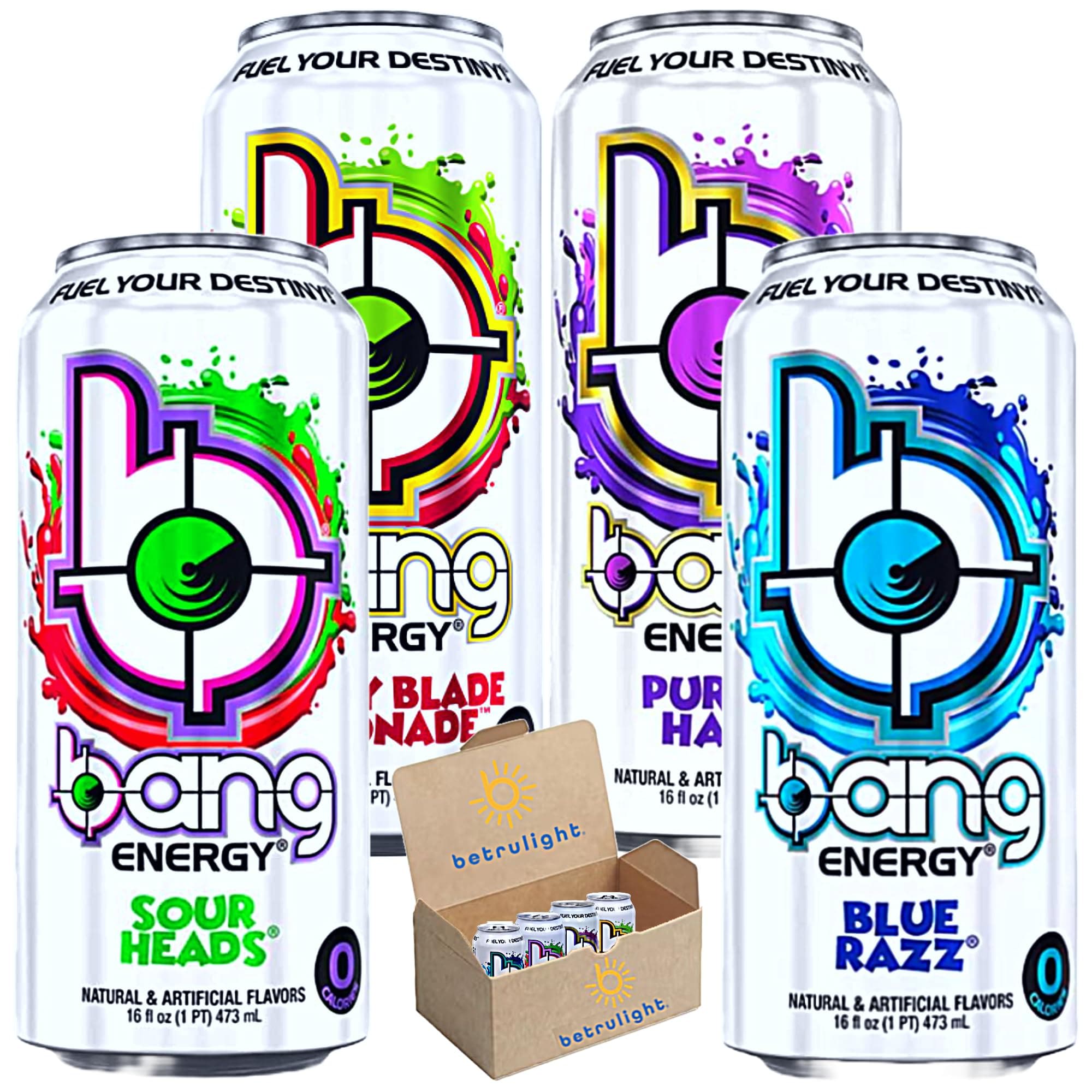 Bang Energy Drinks | Variety Pack of Cherry Blade Lemonade | Purple Haze | Sour Heads | Blue Razz is Zero Calories | Sugar Free & Keto Energy Drinks | 16 Fl Oz Pack of 4 | Every Order is Elegantly Packaged in a Signature BETRULIGHT Branded Box!