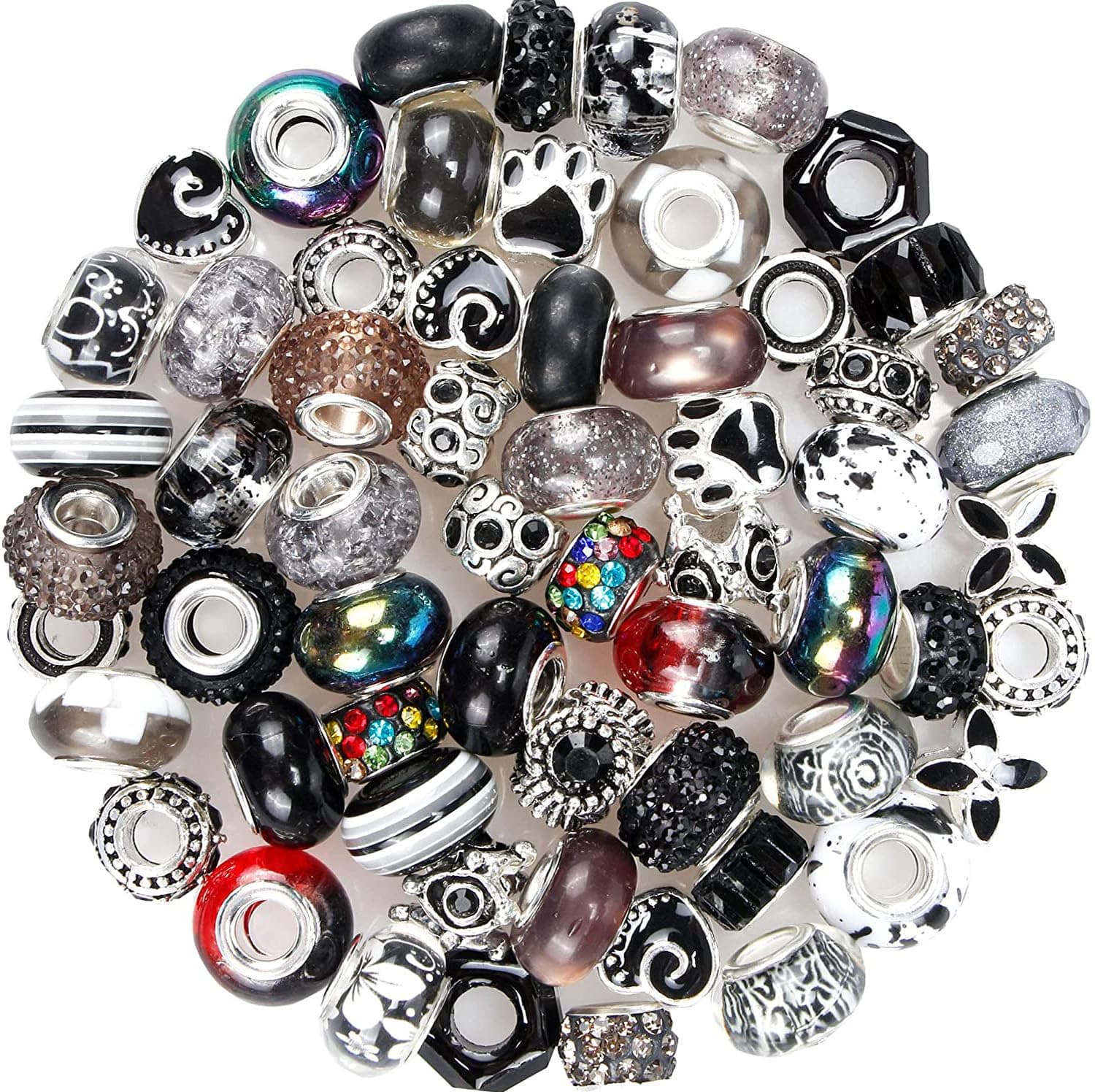60 Pieces Assorted European Beads with Copper Core Big Hole Resin Spacer No Copper Core Lampwork Colorful Beads Rhinestone Craft Beads for DIY Charm Bracelet Jewelry Making (Black)