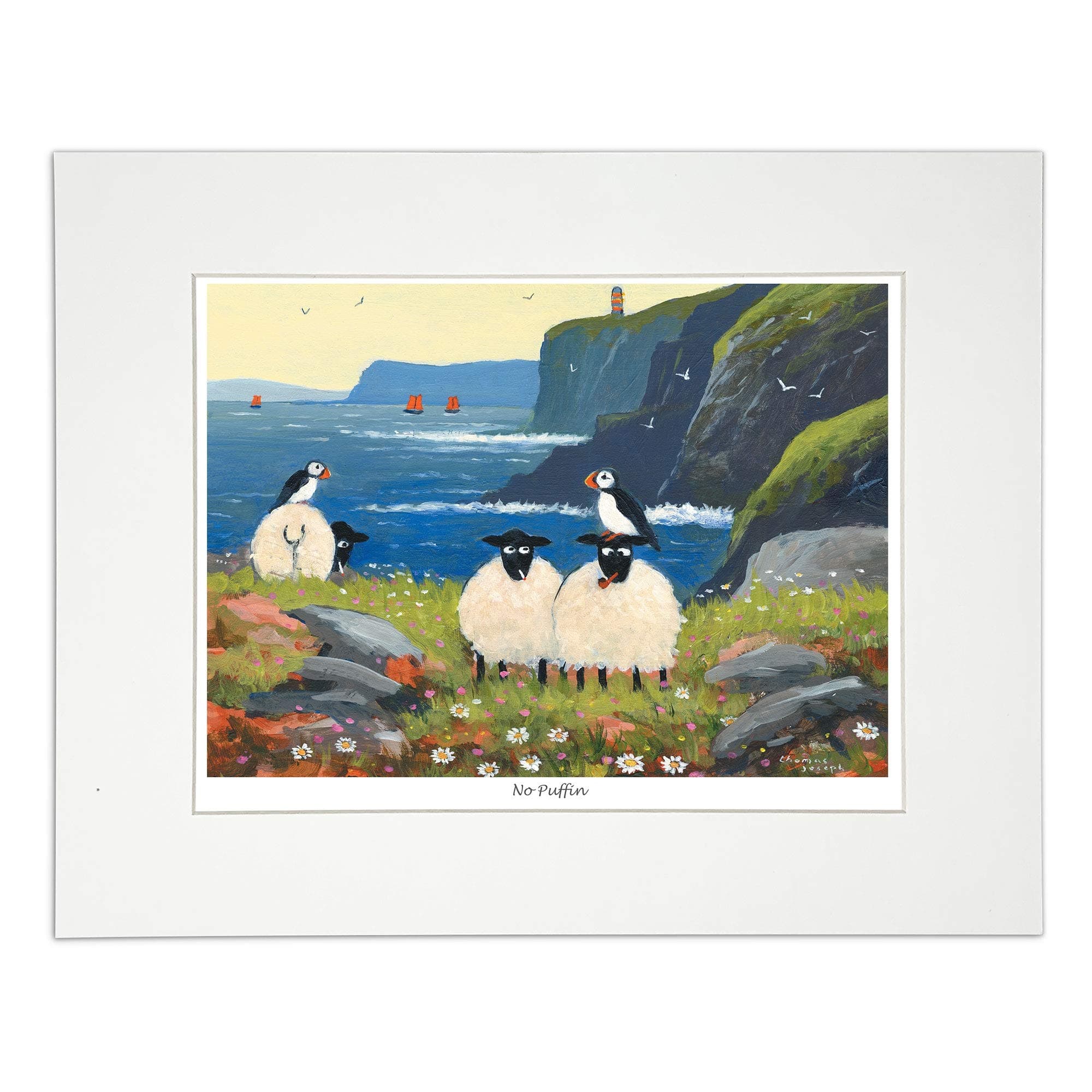 'No Puffin' Mounted Print by Thomas Joseph - Sheep Art