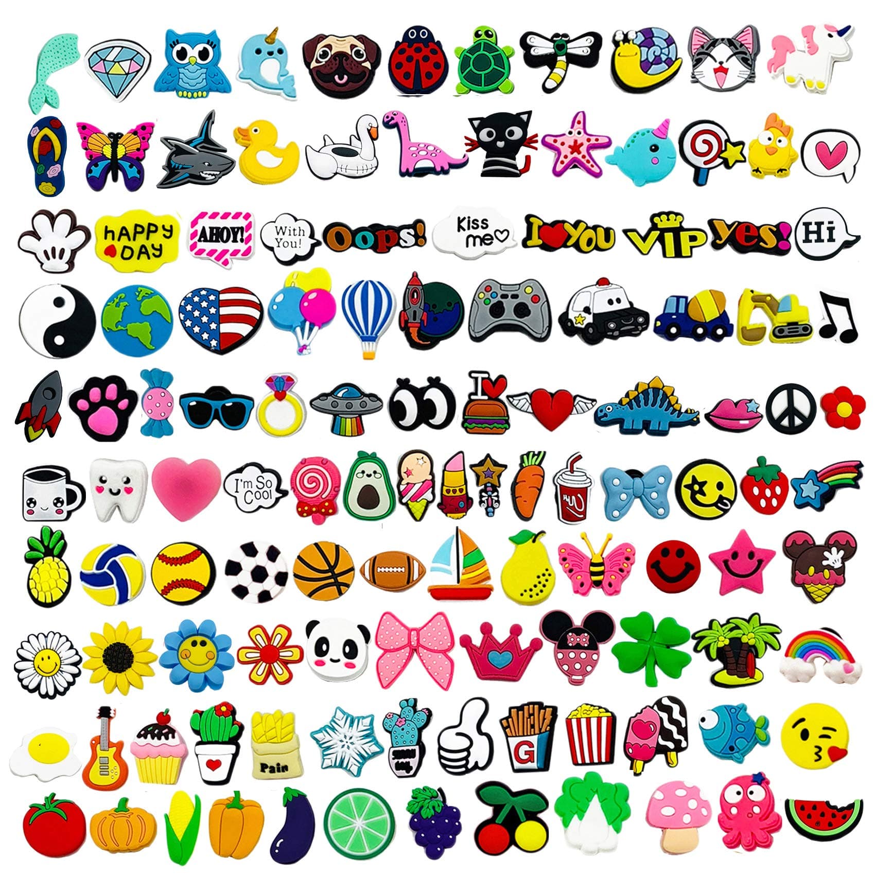 Kinear 120pcs Different Shoe Charms for Clog Sandals Decoration for Women Men PVC Charms Decoration for Wristbands Party Favor Gifts