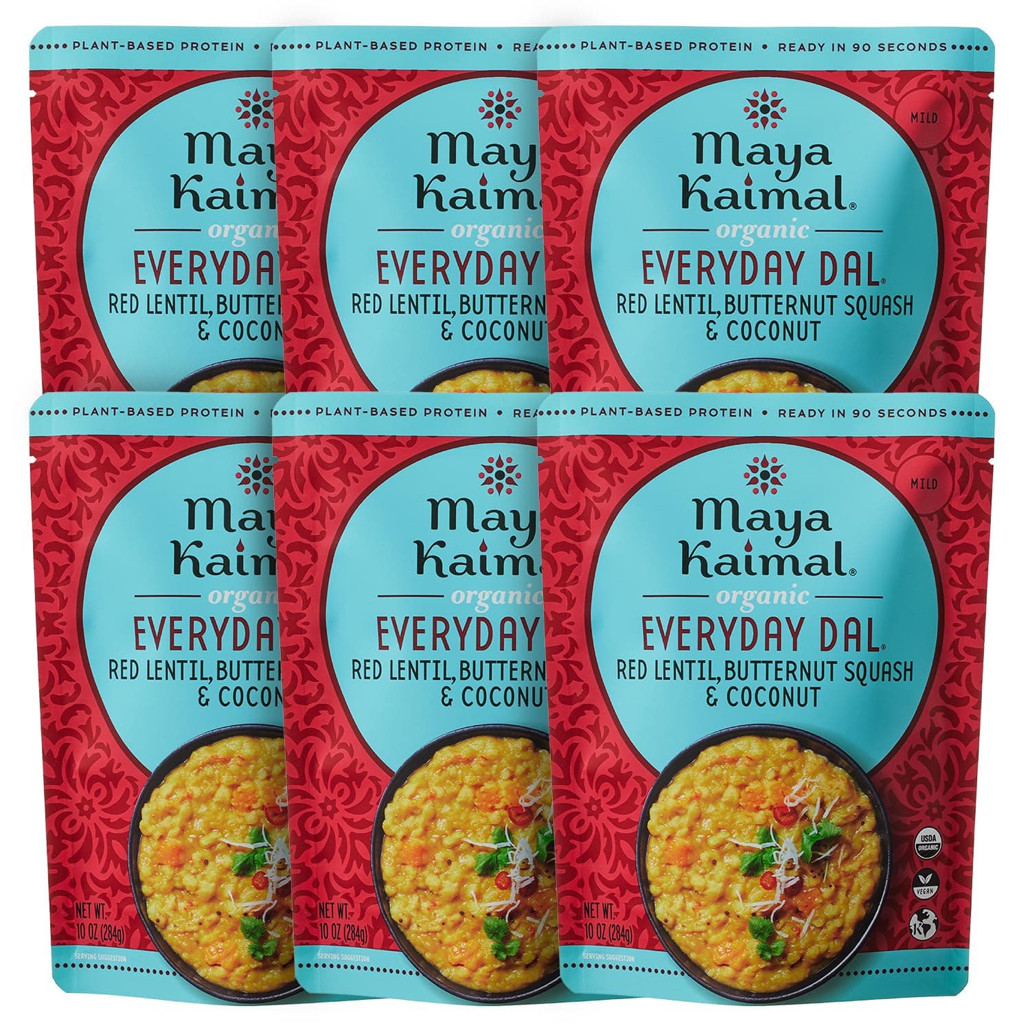 Maya Kaimal - Organic Indian Everyday Dal - Red Lentil 10oz - Fully Cooked with Butternut Squash and Coconut - Vegan - Microwavable - Ready to Eat Meals- Pack of 6
